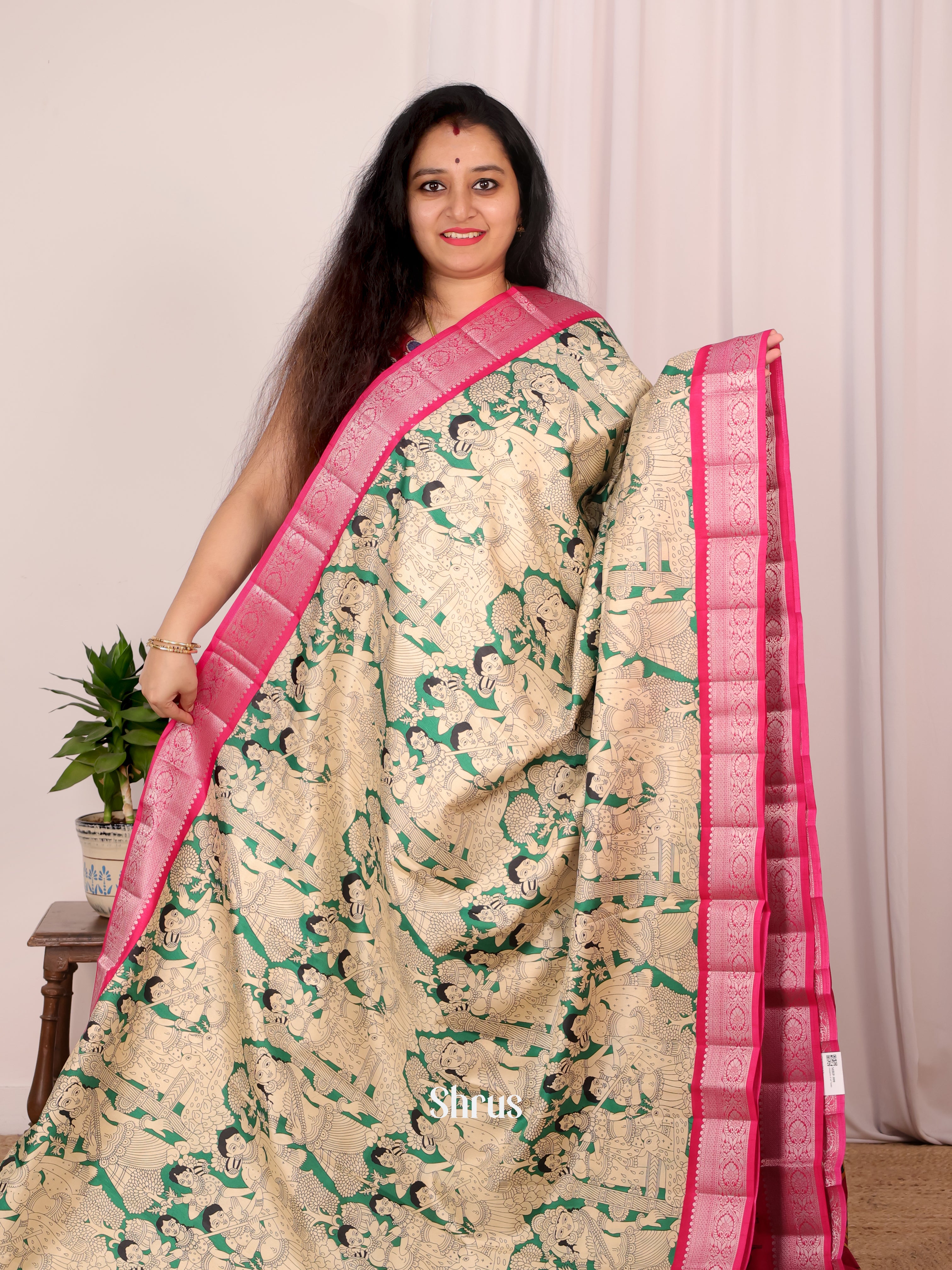 Bottle Green & Rani Pink - Semi Tussar Saree