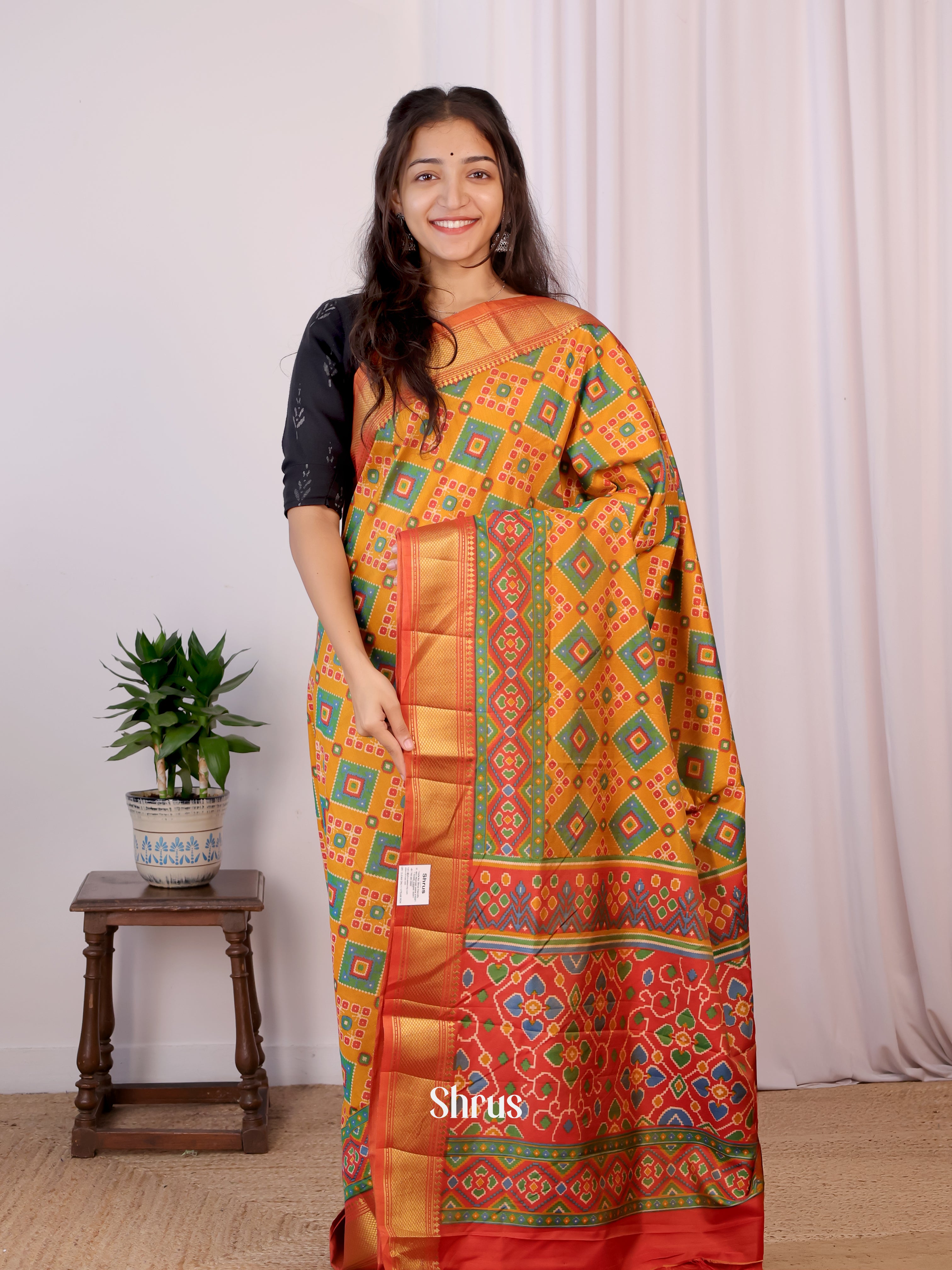 Mustard & Red - Semi Patola Saree