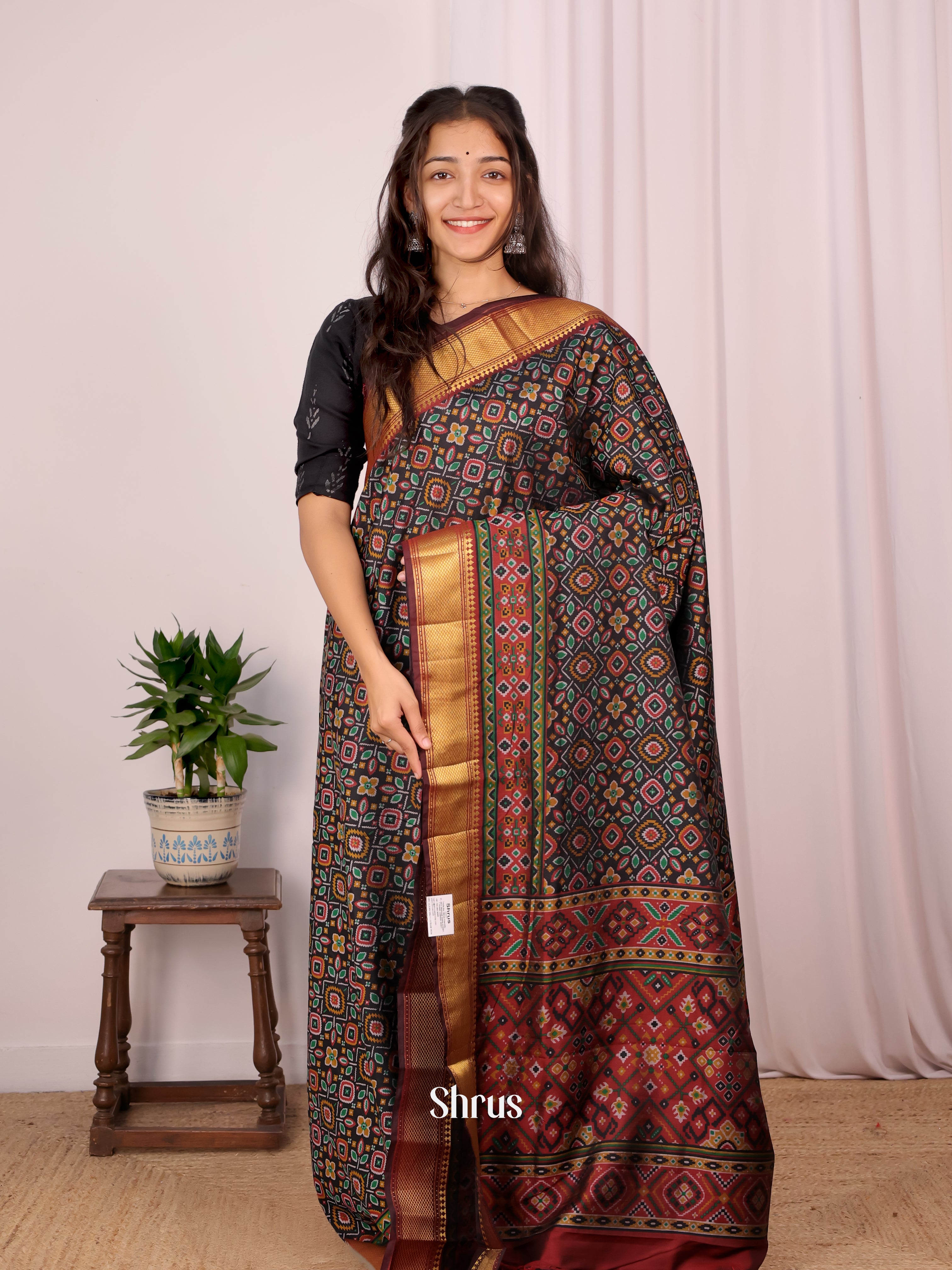 Black & Maroon - Semi Patola Saree