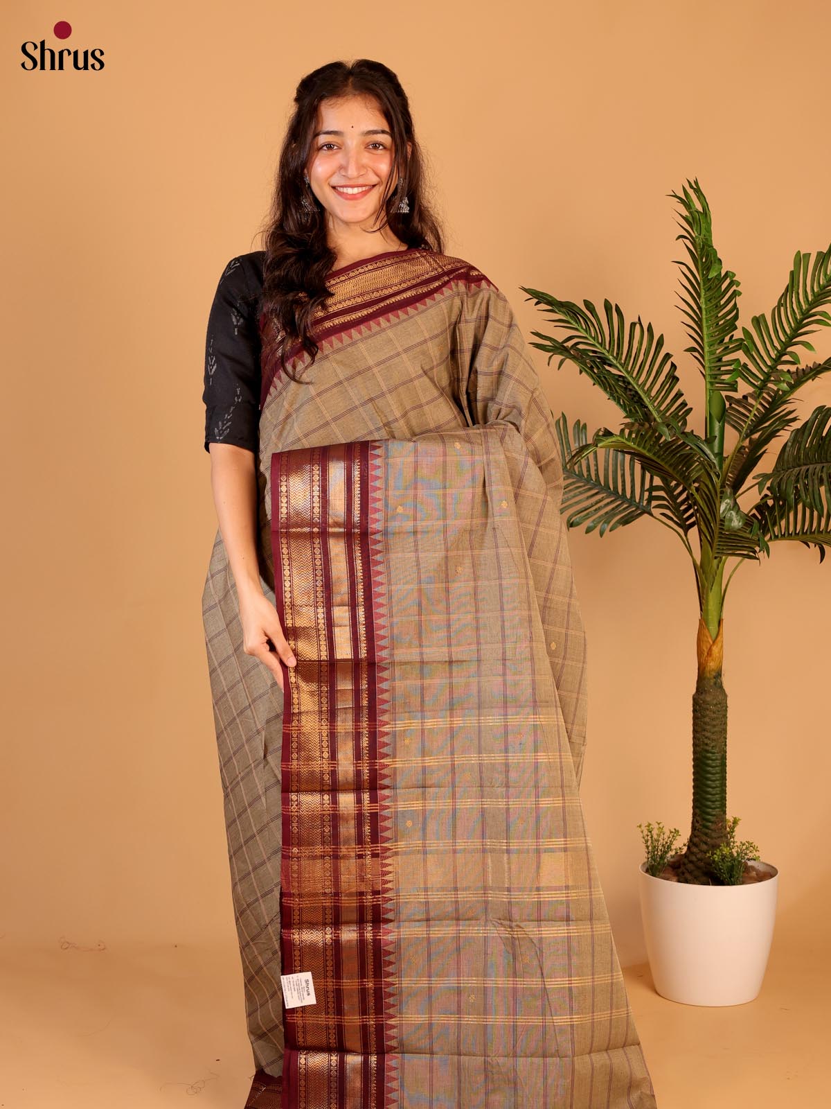 Grey & Maroon - Chettinad Cotton Saree