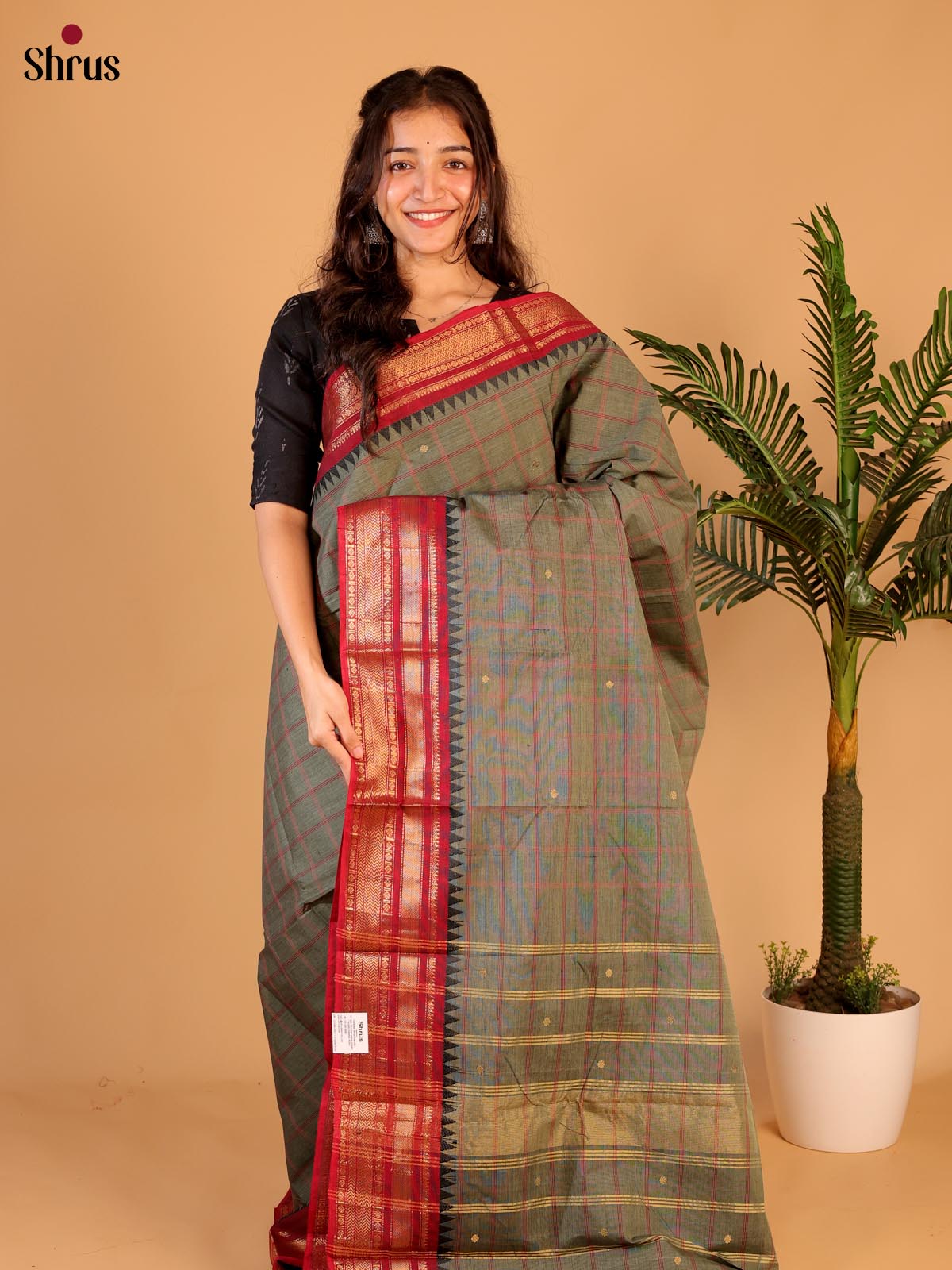 Grey & Red  - Chettinad Cotton Saree