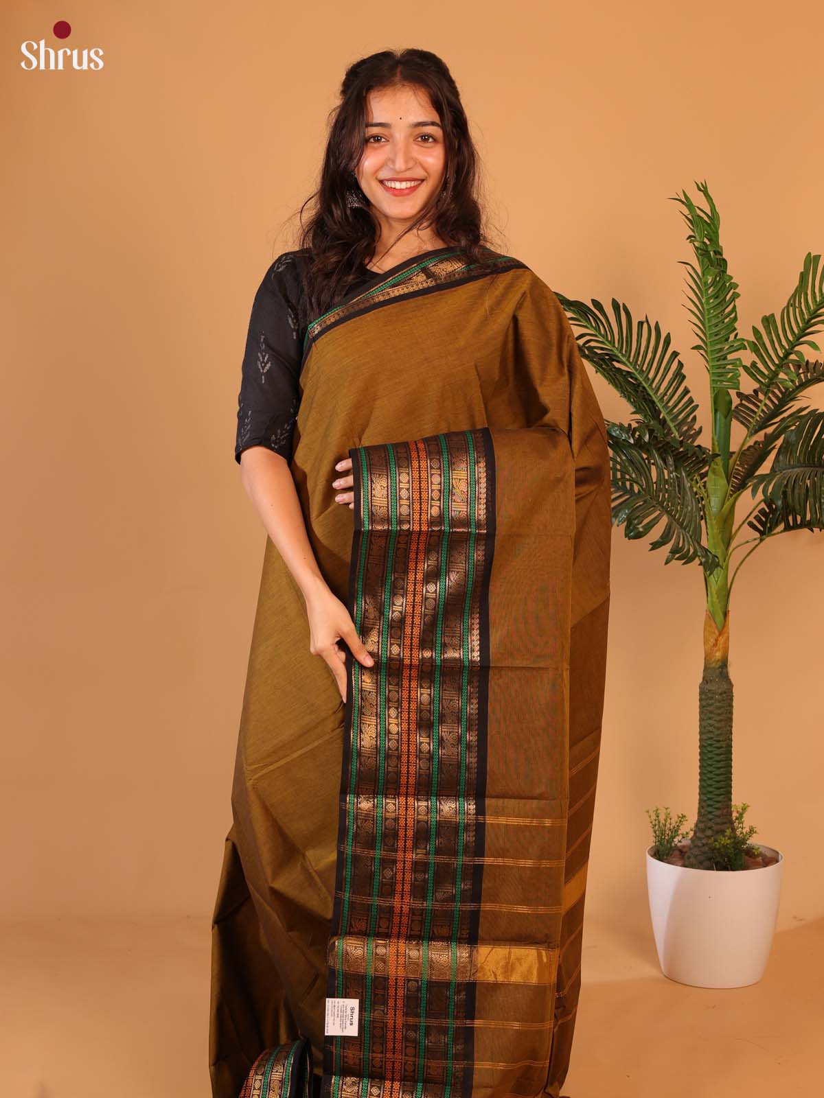 Mehandi & Black - Chettinad Cotton Saree