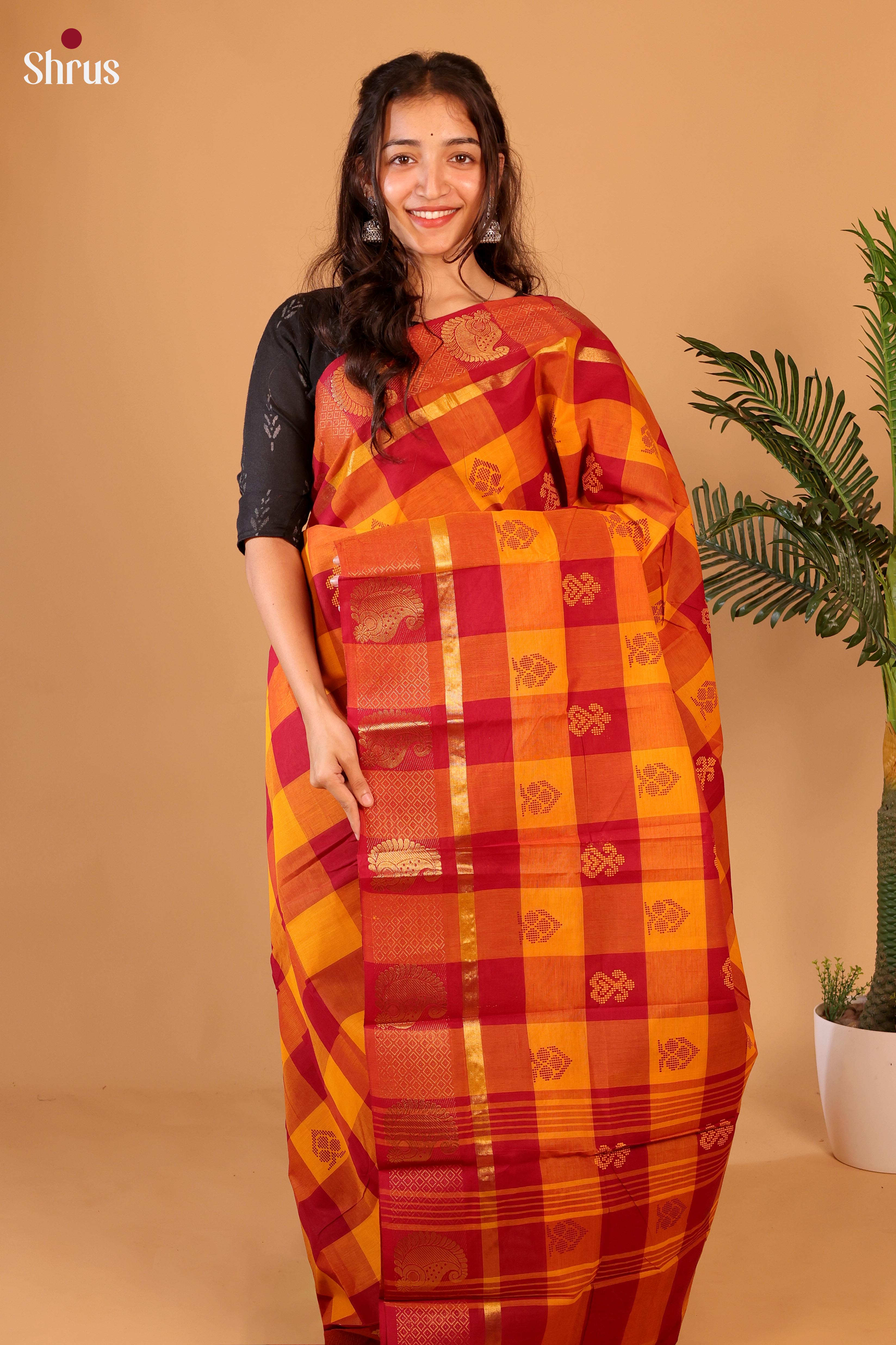 Red & Mustard - Chettinad Cotton Saree