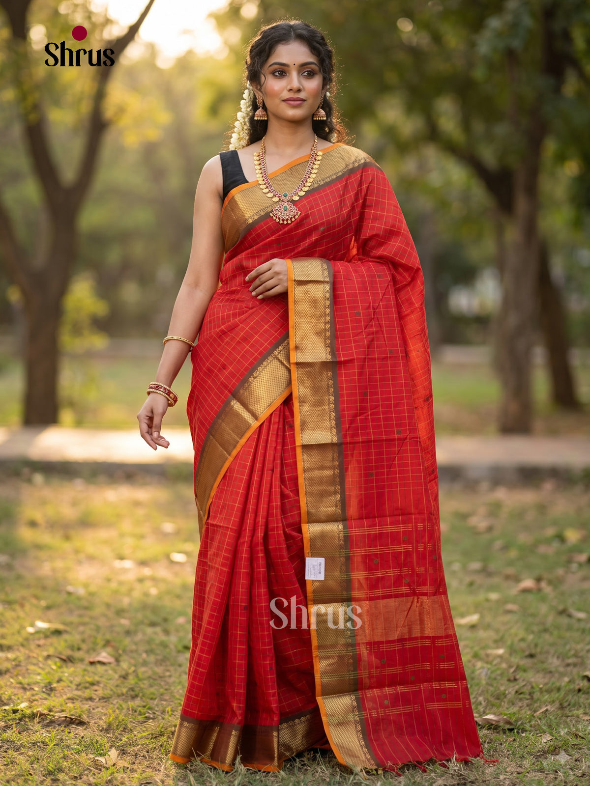 Timeless Red Chettinad Cotton Saree With Thread Checks, Buttas & Mustard Zari Border
