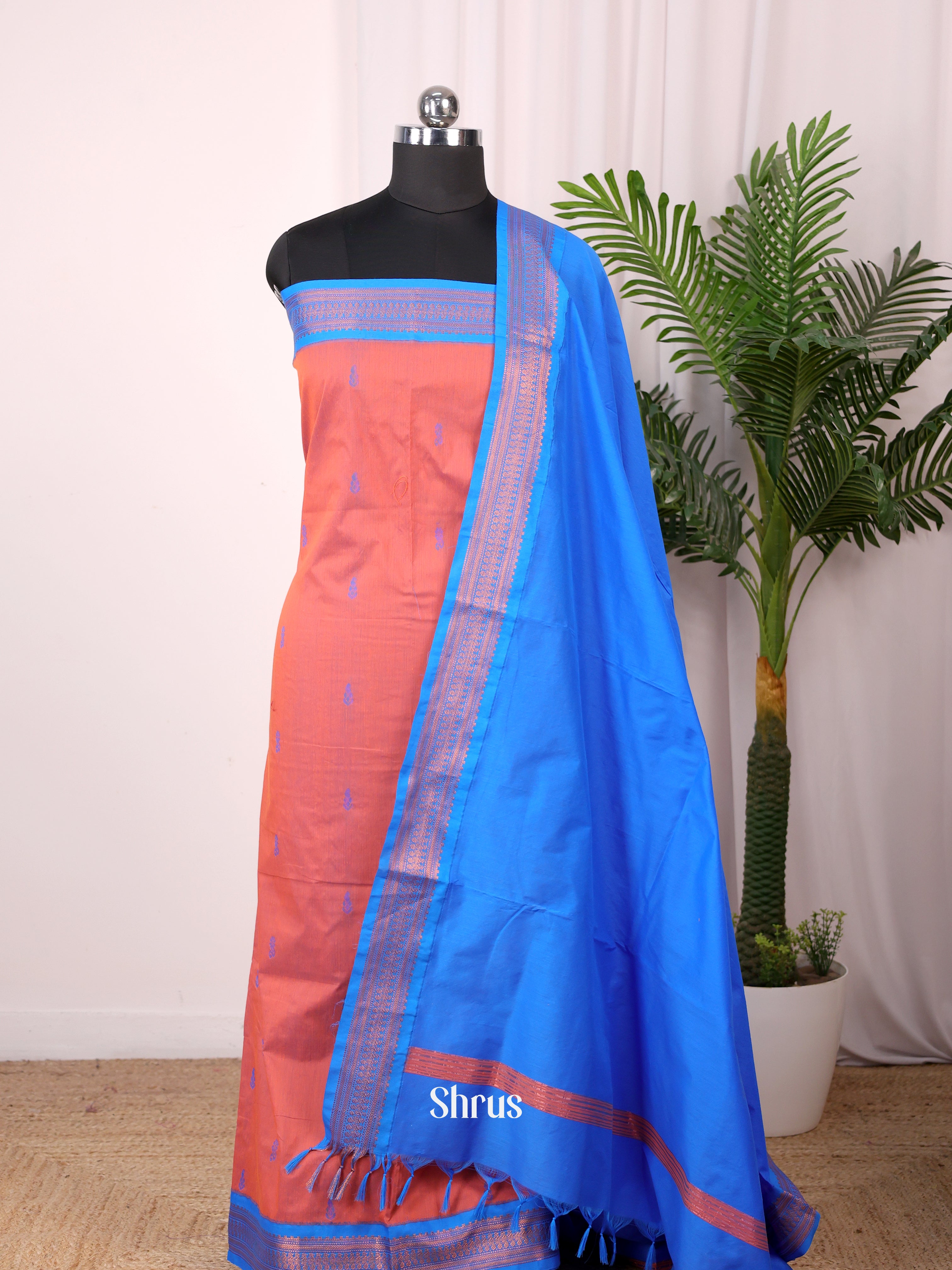 Peach & Blue - Kalyani Cotton salwar unstitch