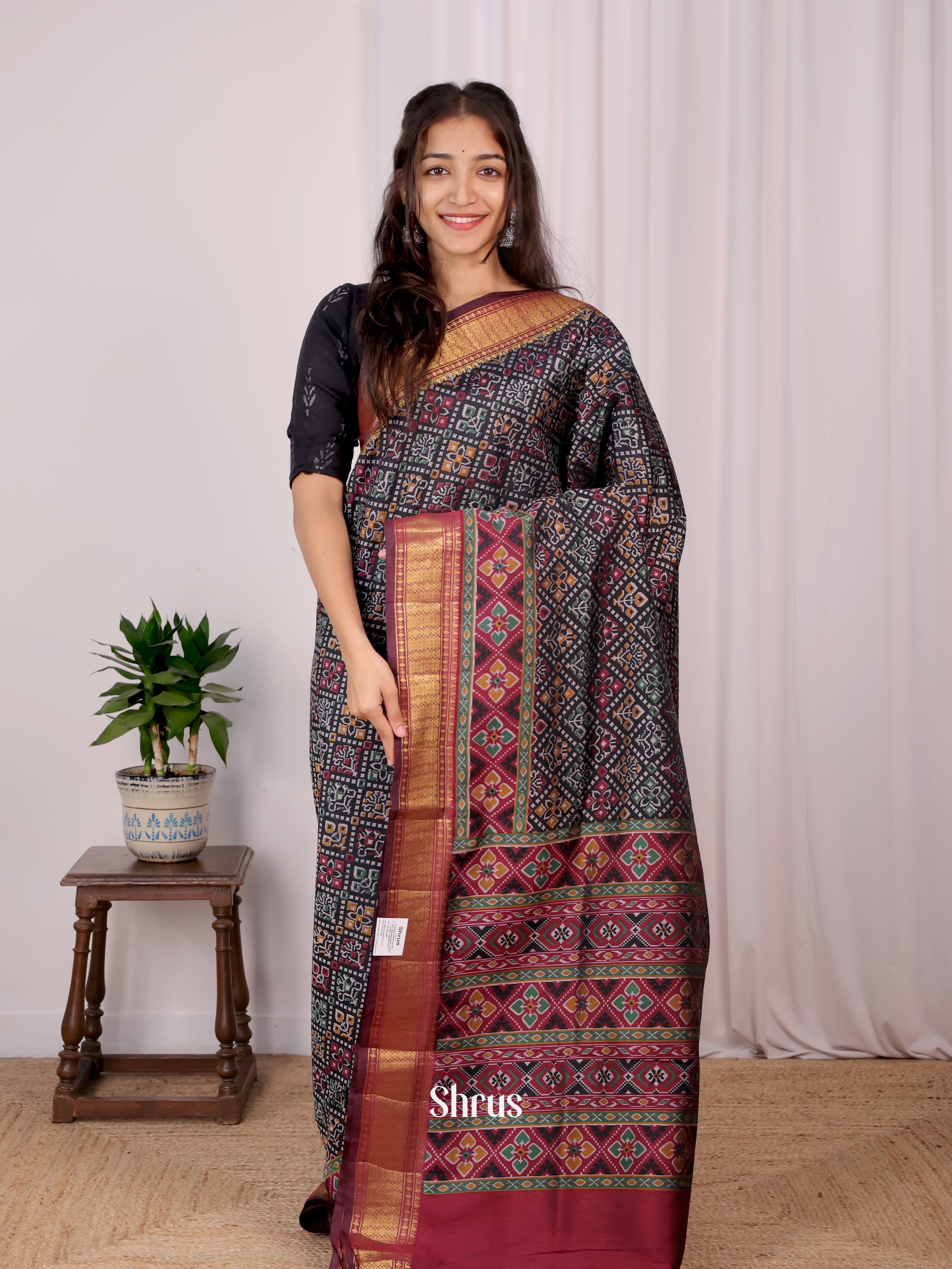 Black &  Maroon - Semi Patola Saree