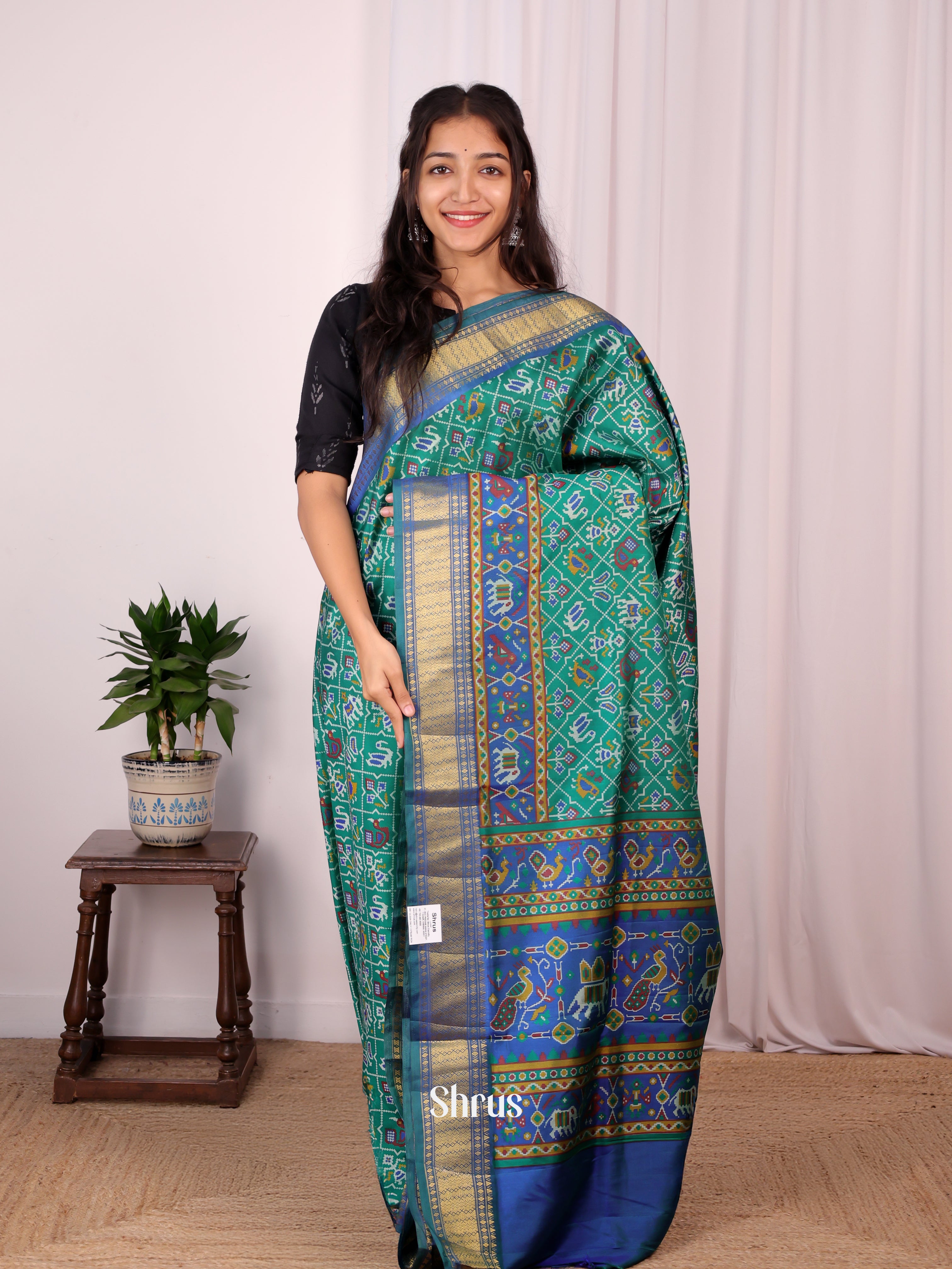 Green & Blue- Semi Patola Saree - Shop on Shrus.com