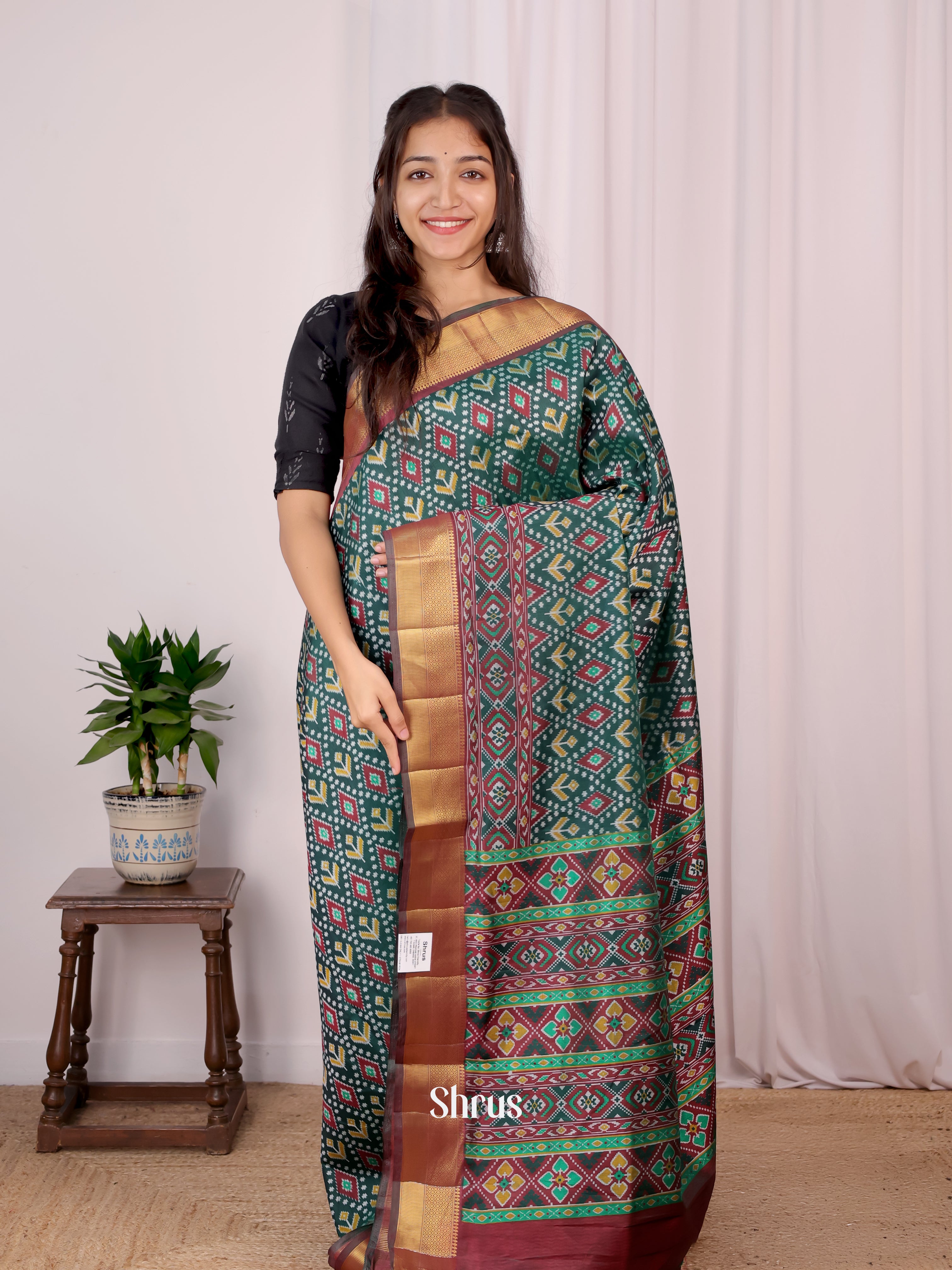 Green & Brown - Semi Patola Saree - Shop on Shrus.com