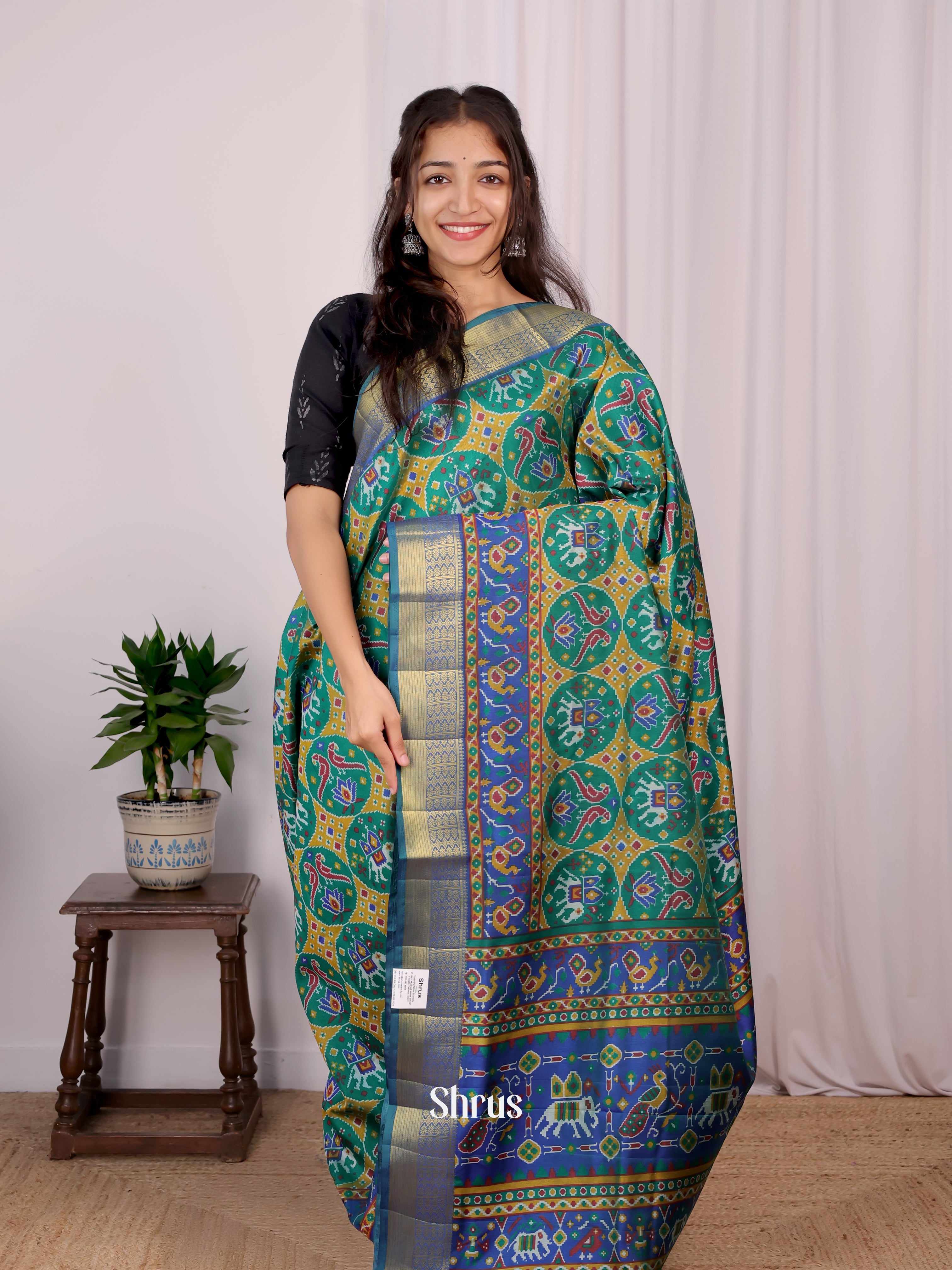 Green & Blue - Semi Patola Saree - Shop on Shrus.com