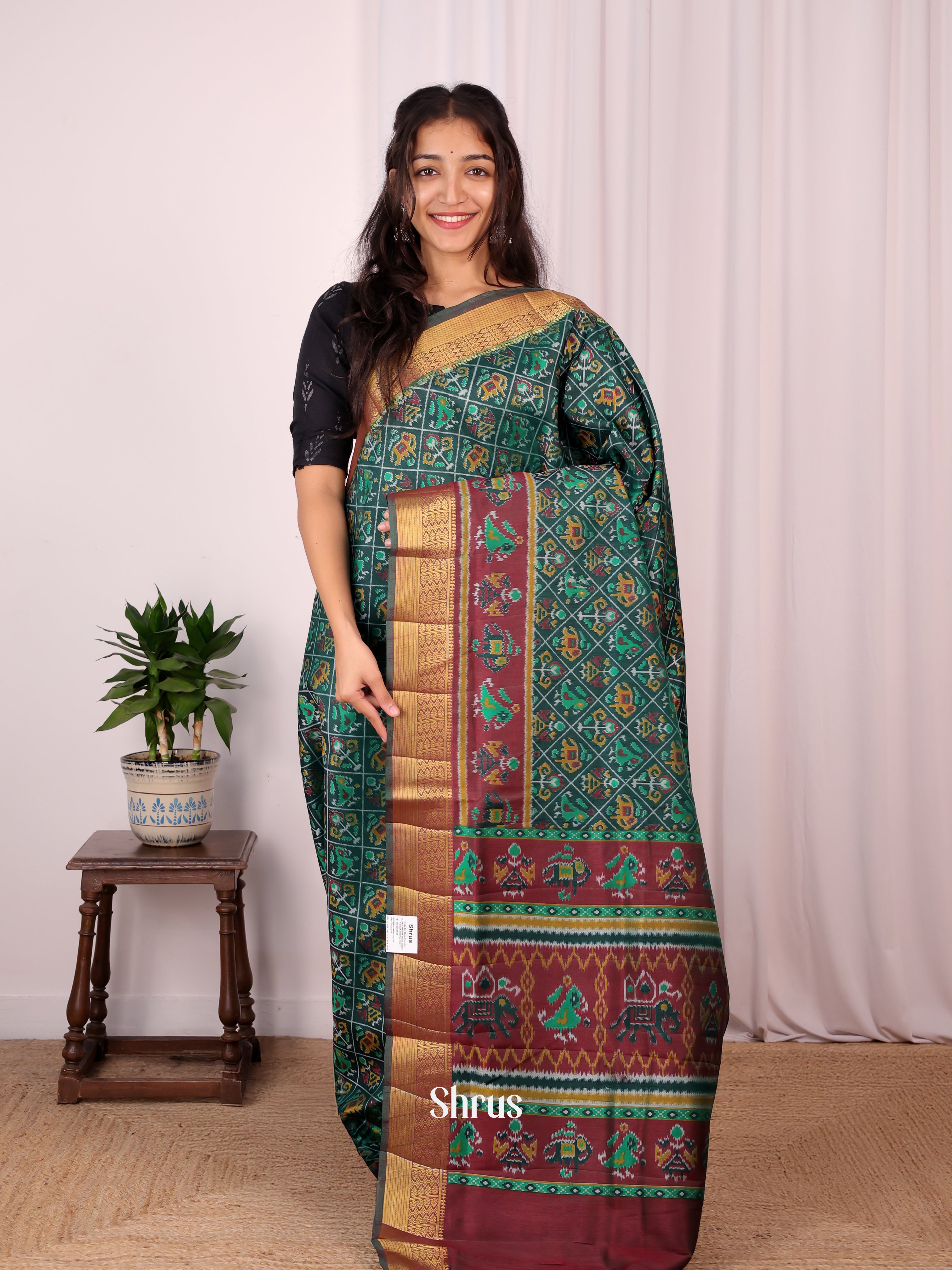 Green & Brown - Semi Patola Saree - Shop on Shrus.com