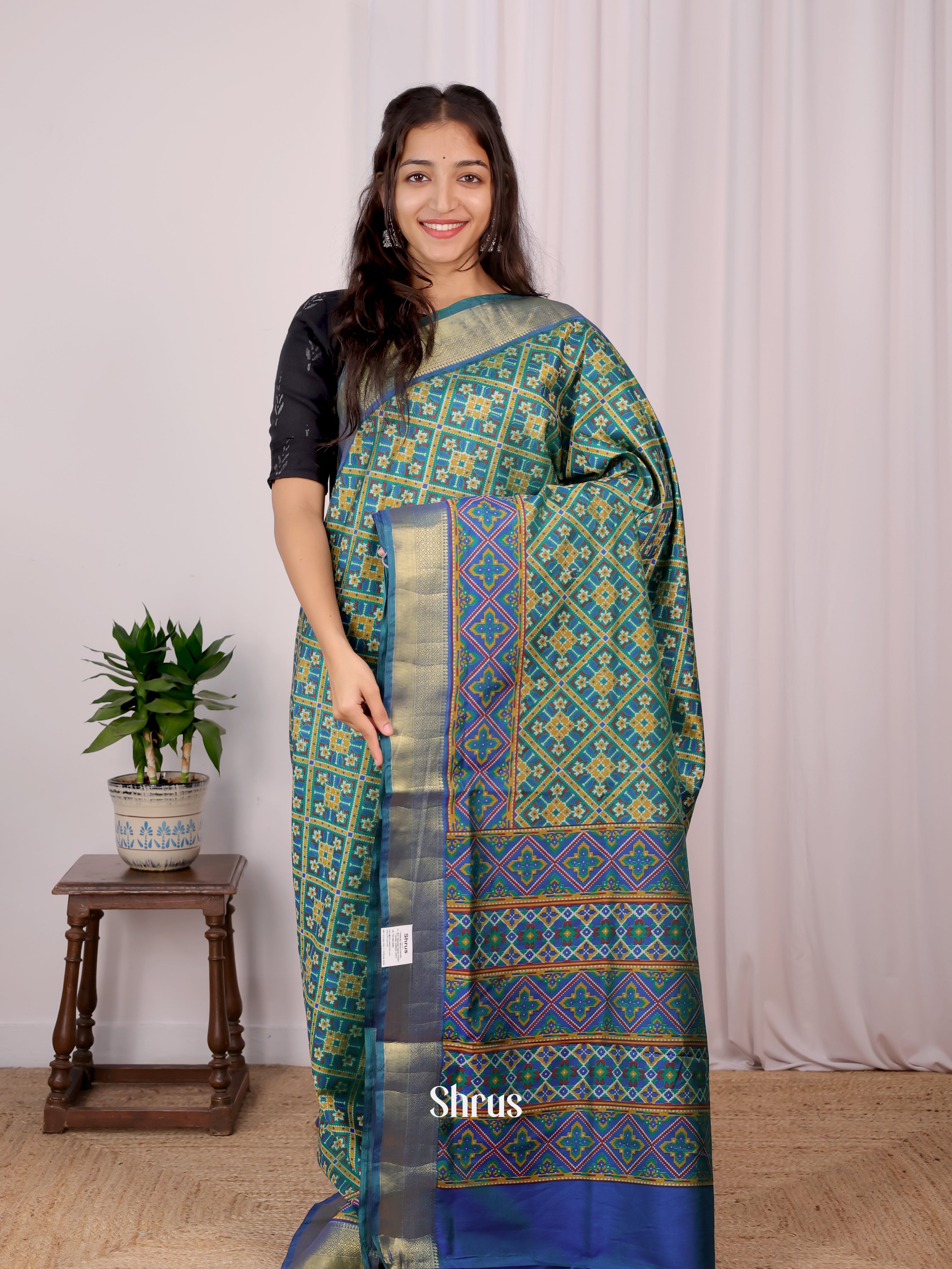 Green & Blue - Semi Patola Saree - Shop on Shrus.com