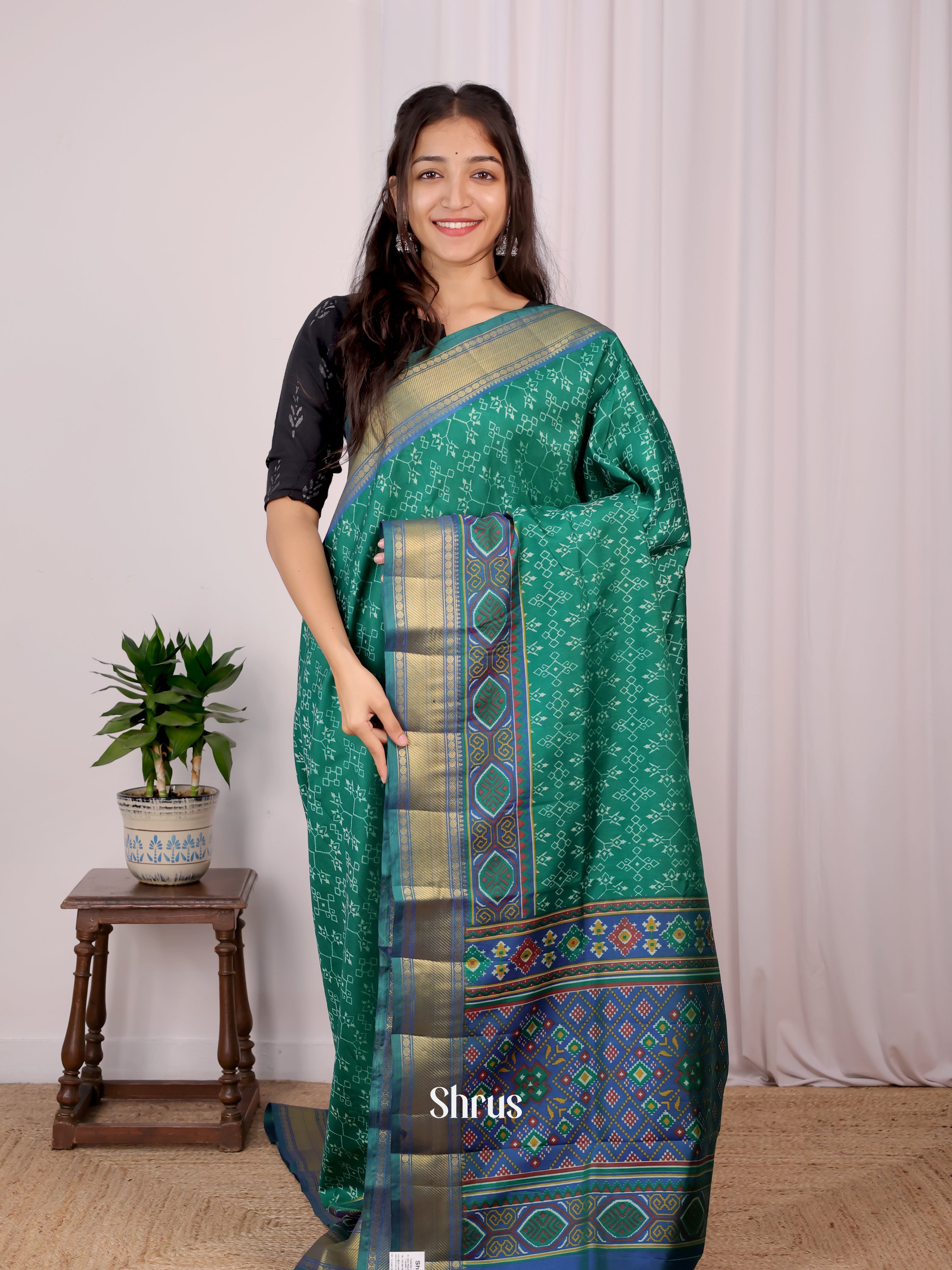 Green & Blue - Semi Patola Saree - Shop on Shrus.com