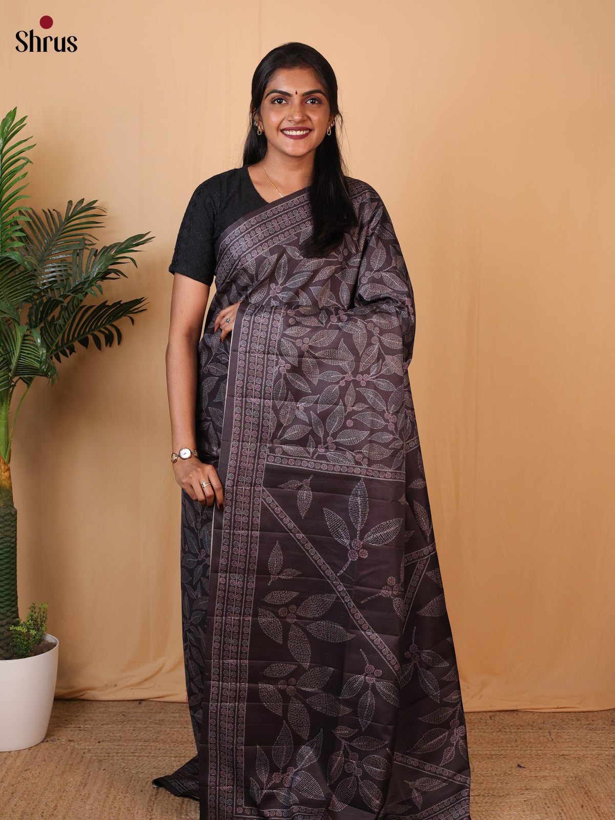 Dark Brown - Printed Tussar Saree - Shop on Shrus.com
