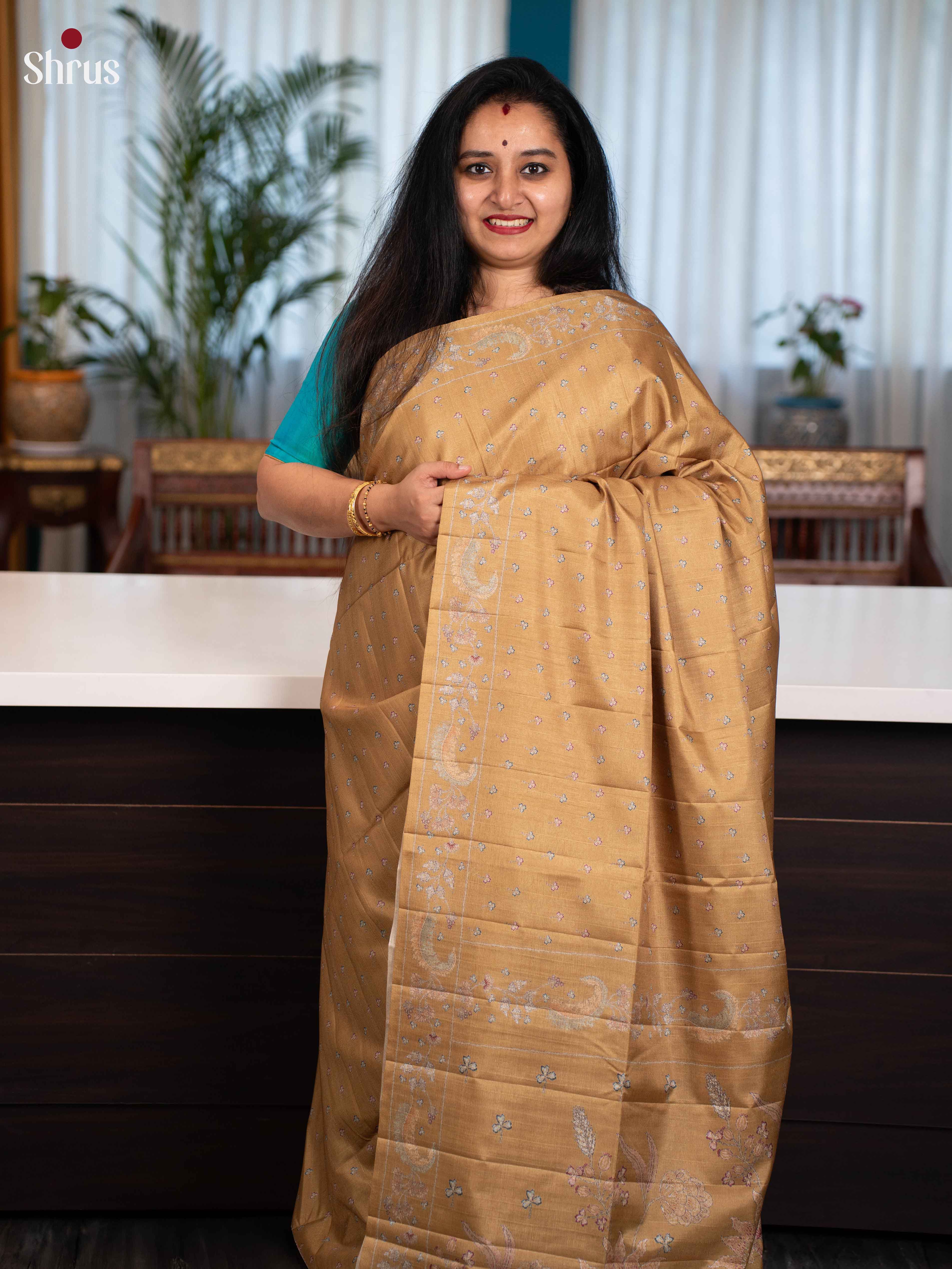 Mustard - Printed Tussar Saree