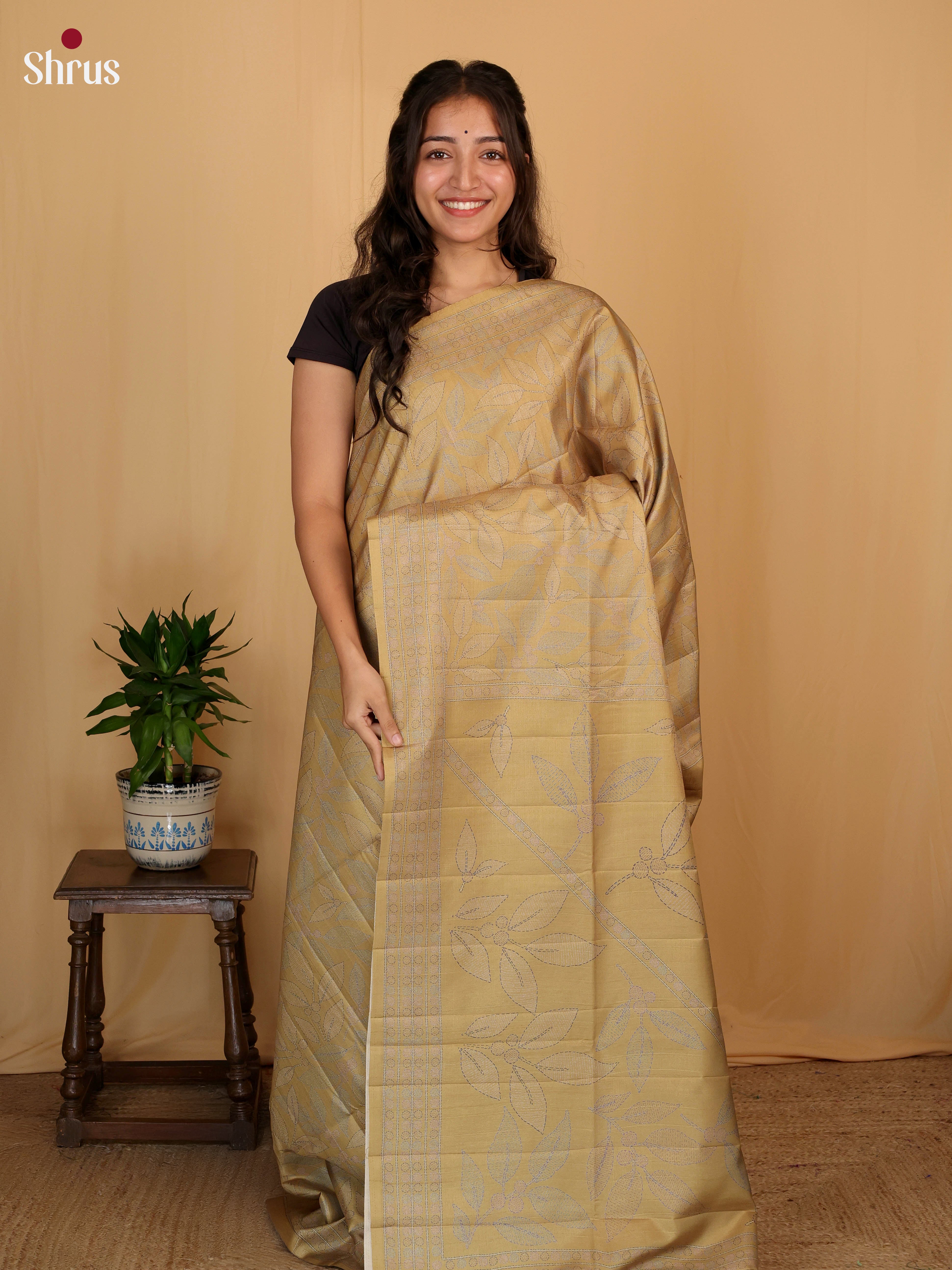 Beige - Printed Tussar Saree