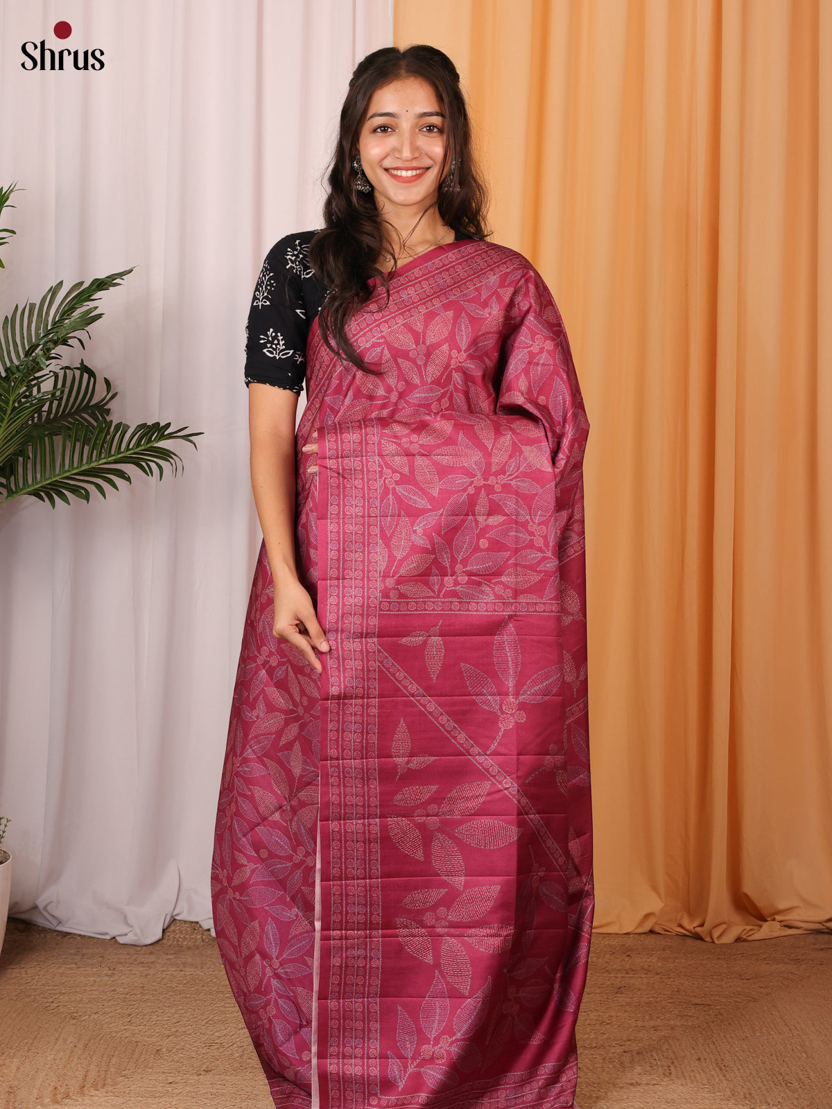Maroon - Printed Tussar Saree - Shop on Shrus.com