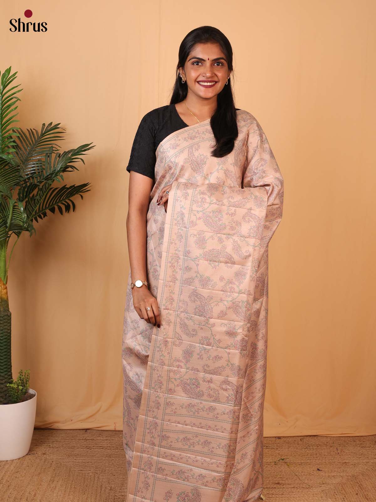 Peach - Printed Tussar Saree