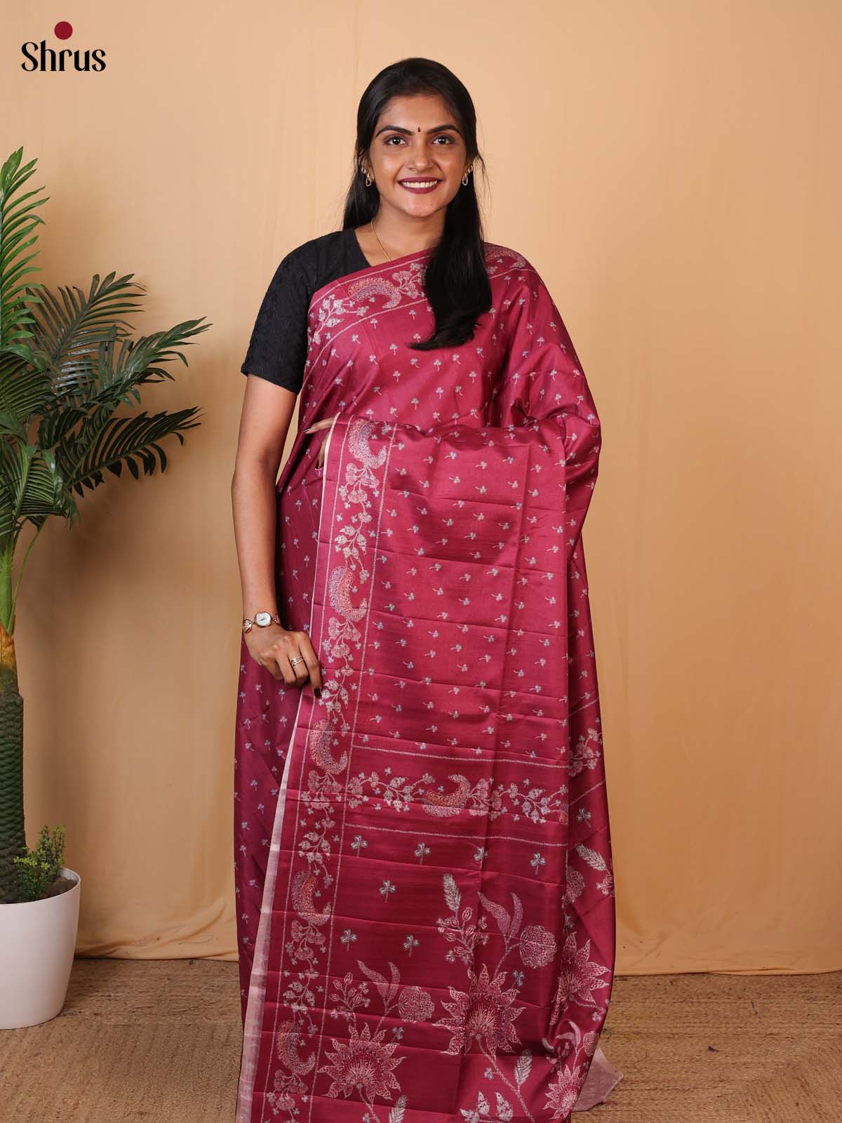 Maroon - Printed Tussar Saree