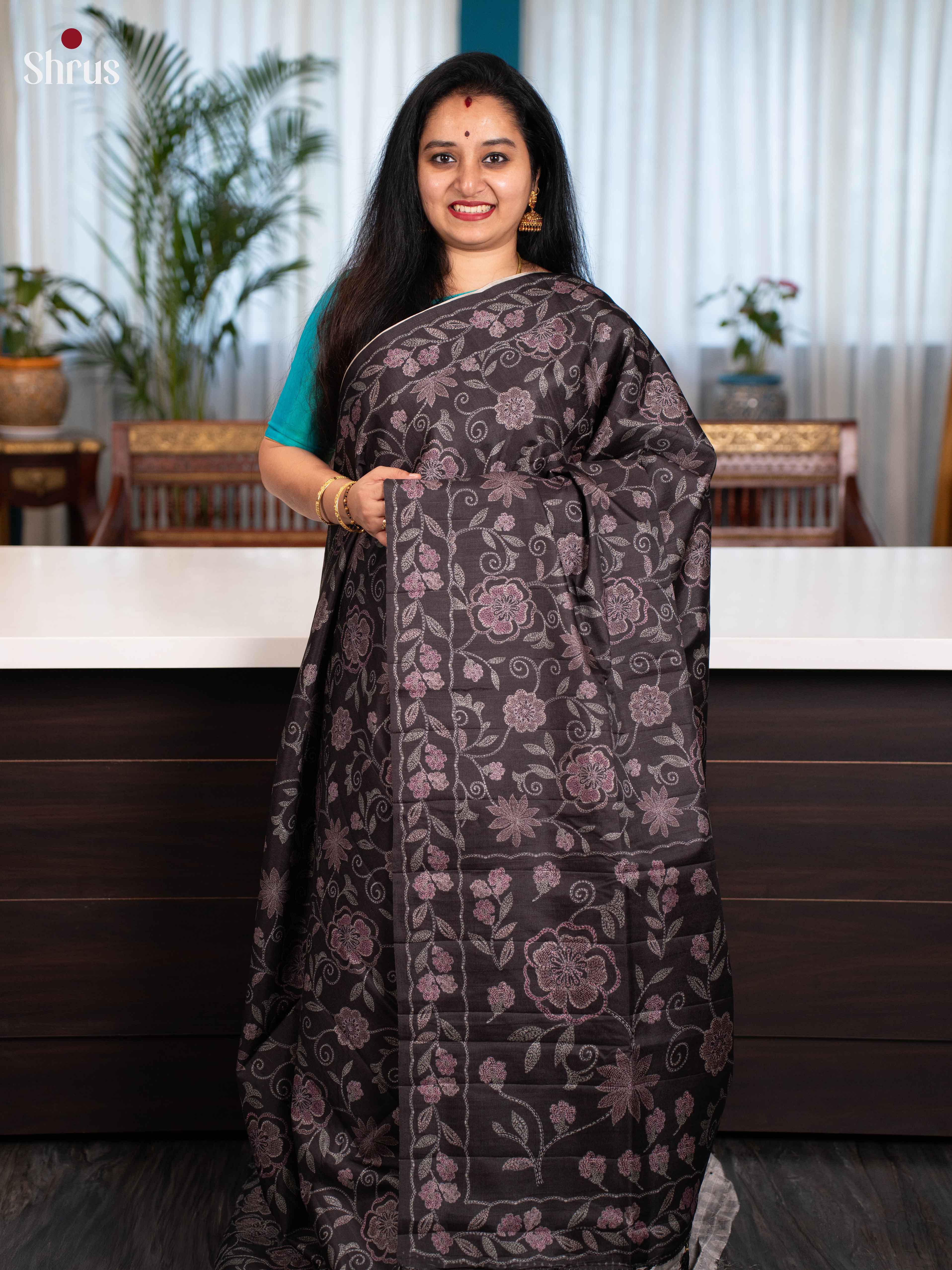 Black - Printed Tussar Saree