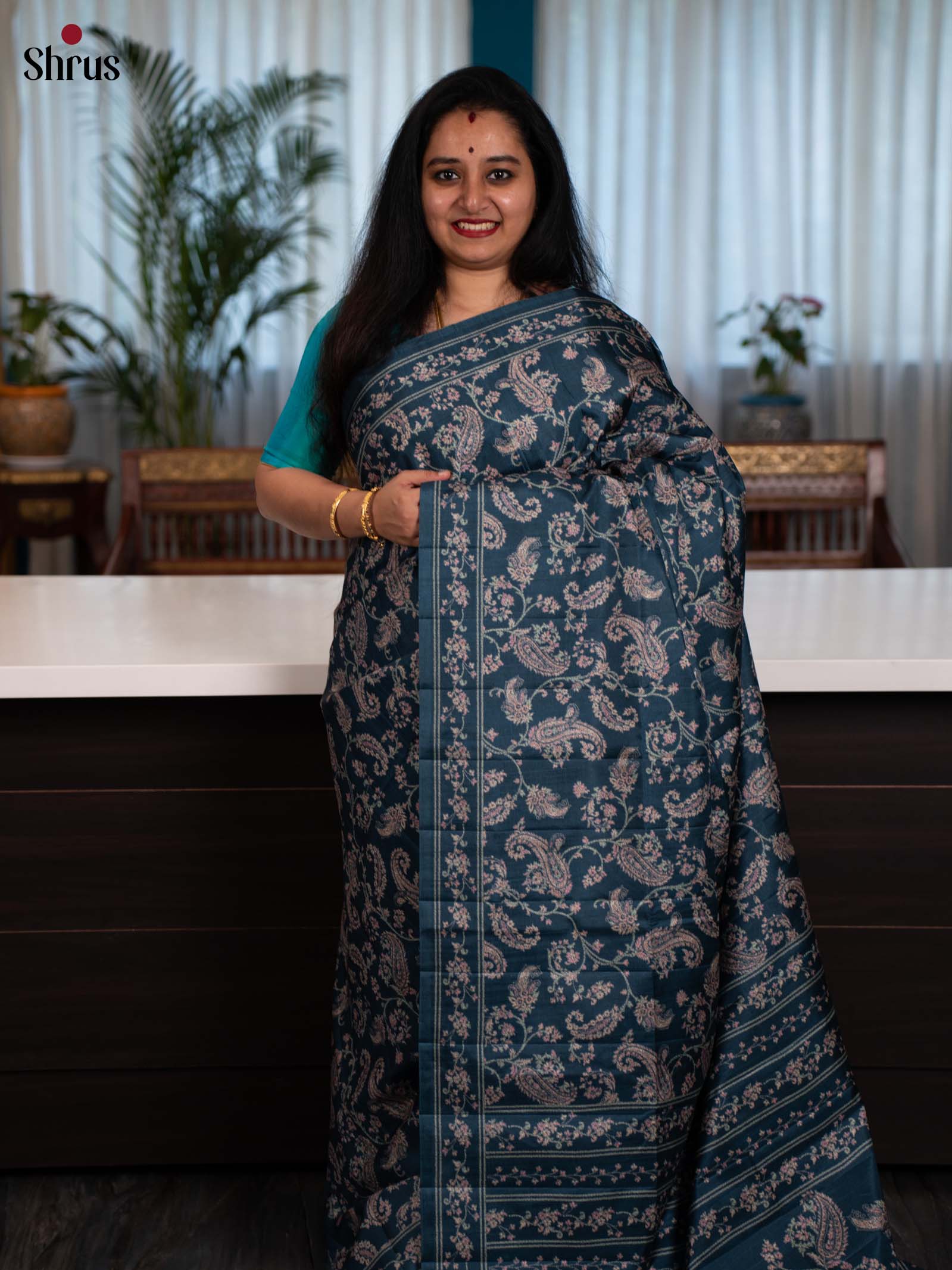 Blue - Printed Tussar Saree - Shop on Shrus.com