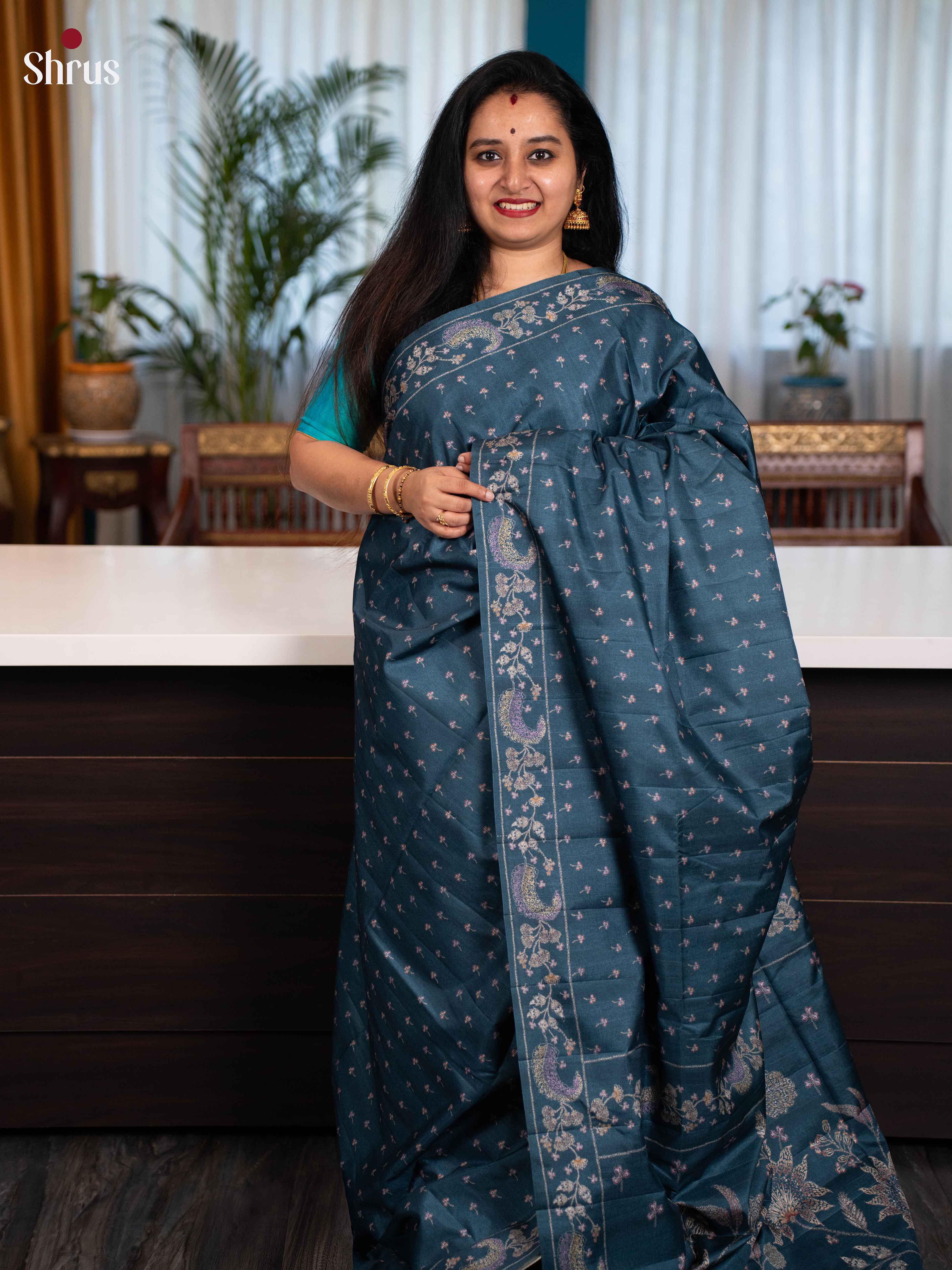 Peacock Blue - Printed Tussar Saree - Shop on Shrus.com