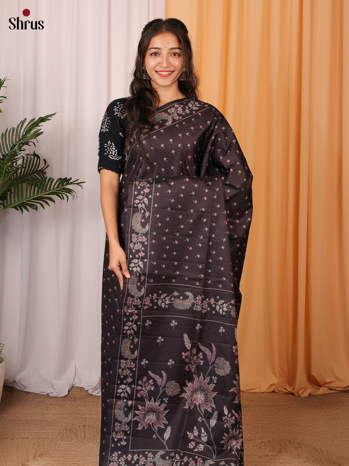 Black - Printed Tussar Saree