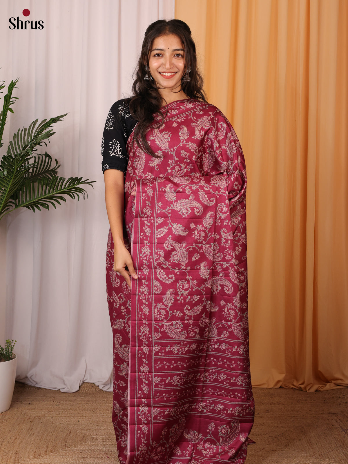 Maroon - Printed Tussar Saree