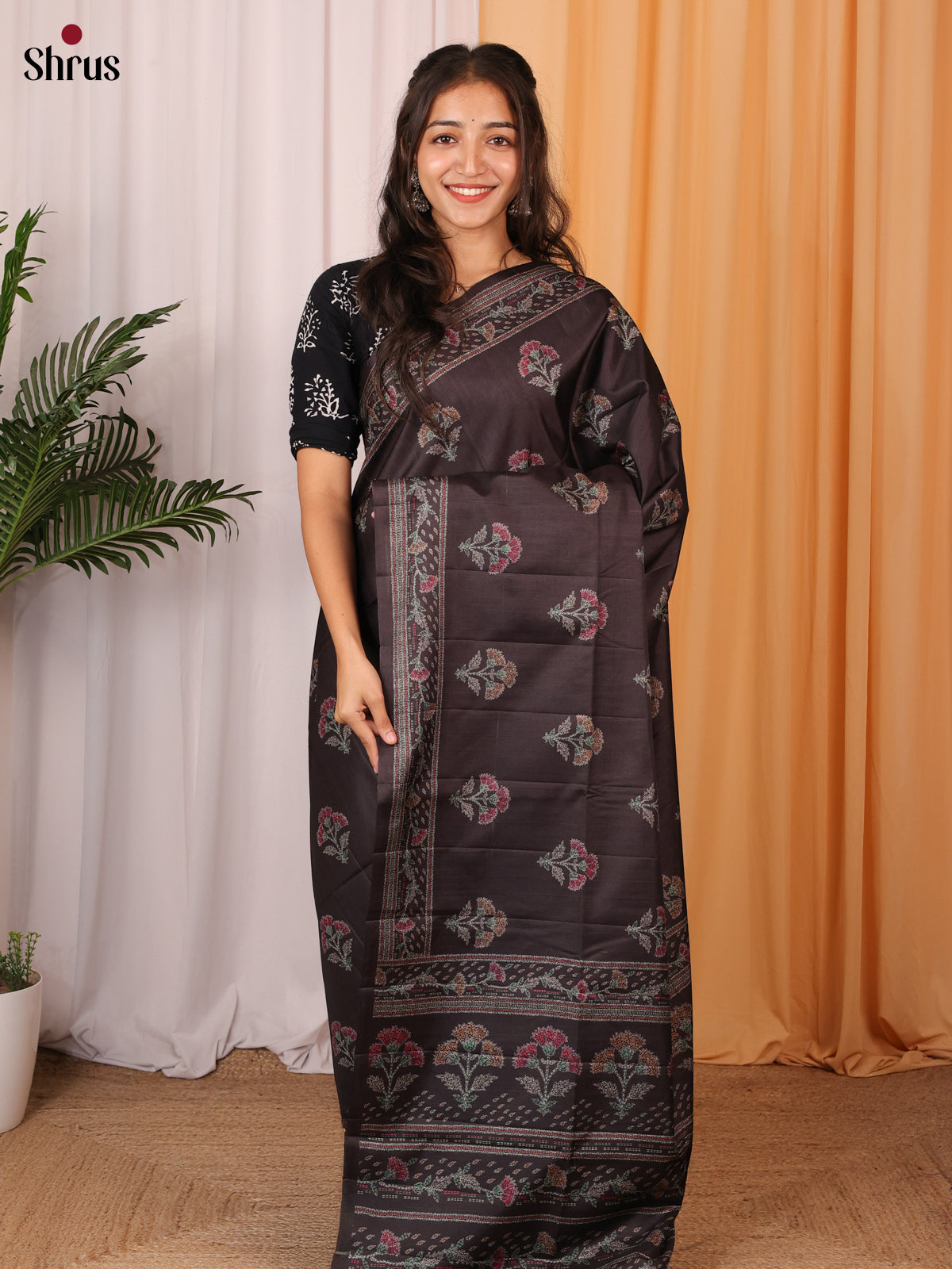 Elephant Black - Printed Tussar Saree