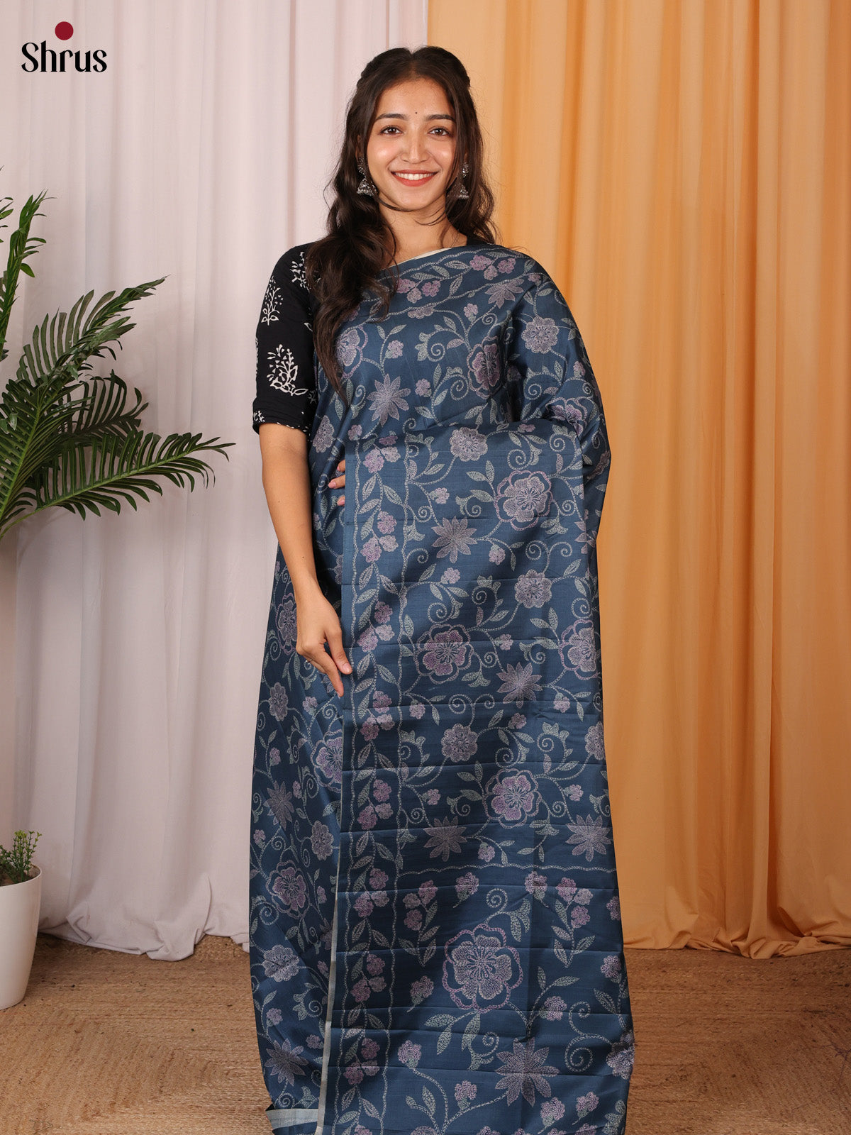 Blue - Printed Tussar Saree - Shop on Shrus.com