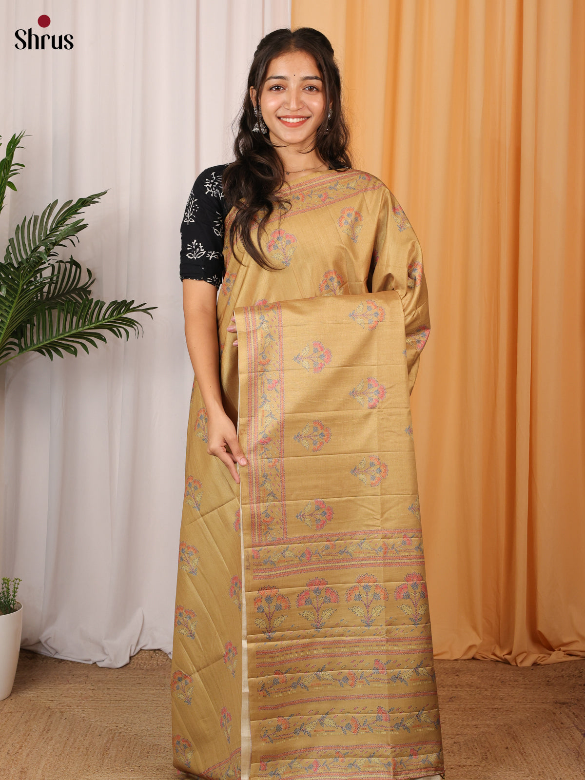 Beige - Printed Tussar Saree - Shop on Shrus.com