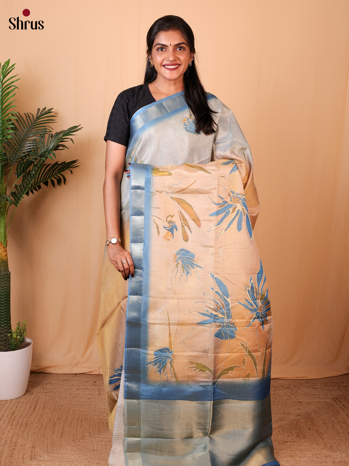 Blue & Peach - Bamboo silk Saree