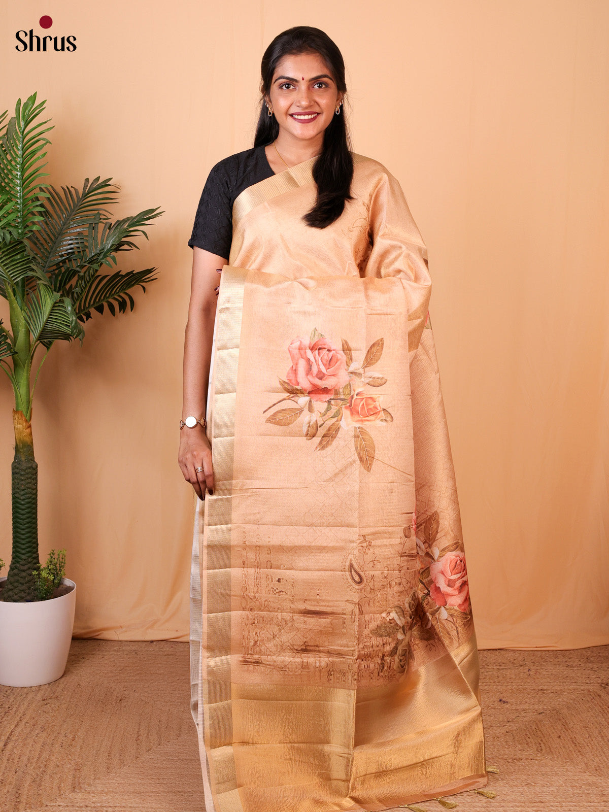 Peach - Bamboo silk Saree