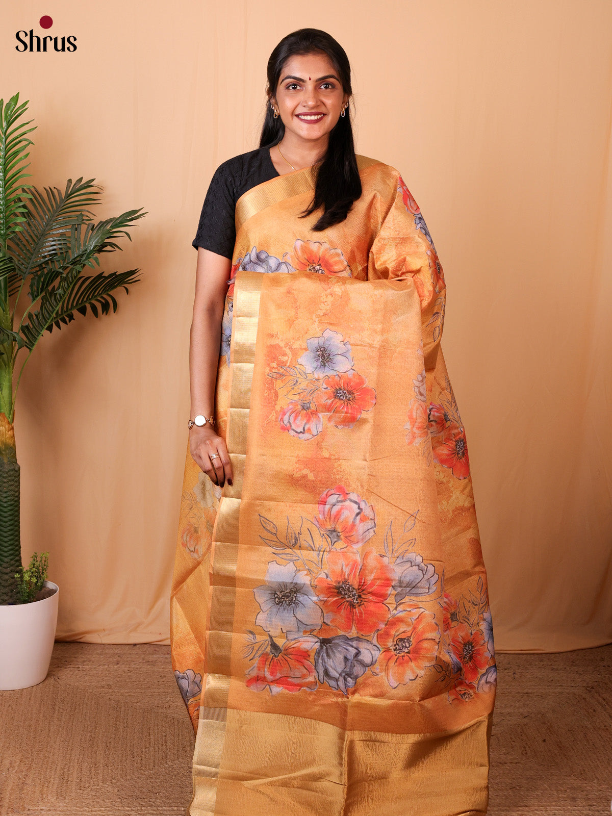 Orange - Bamboo silk Saree