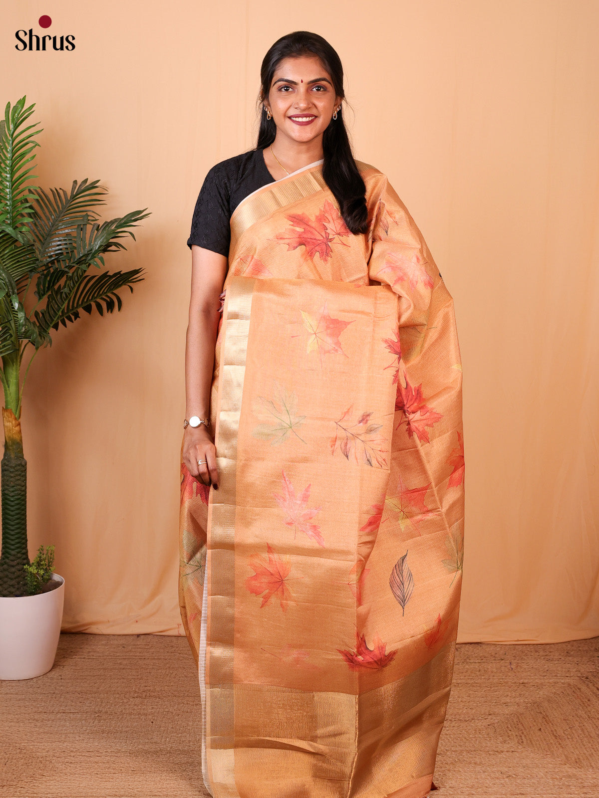 Orange - Bamboo silk Saree