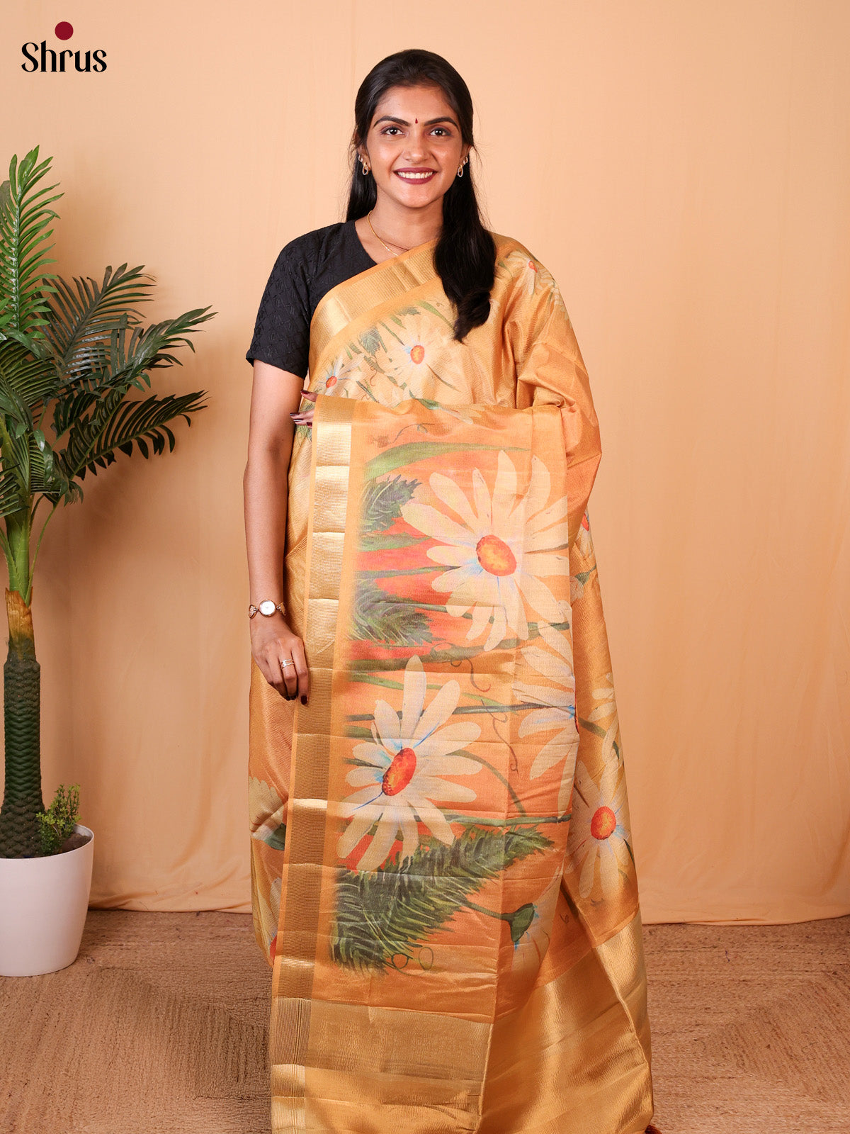 Orange - Bamboo silk Saree