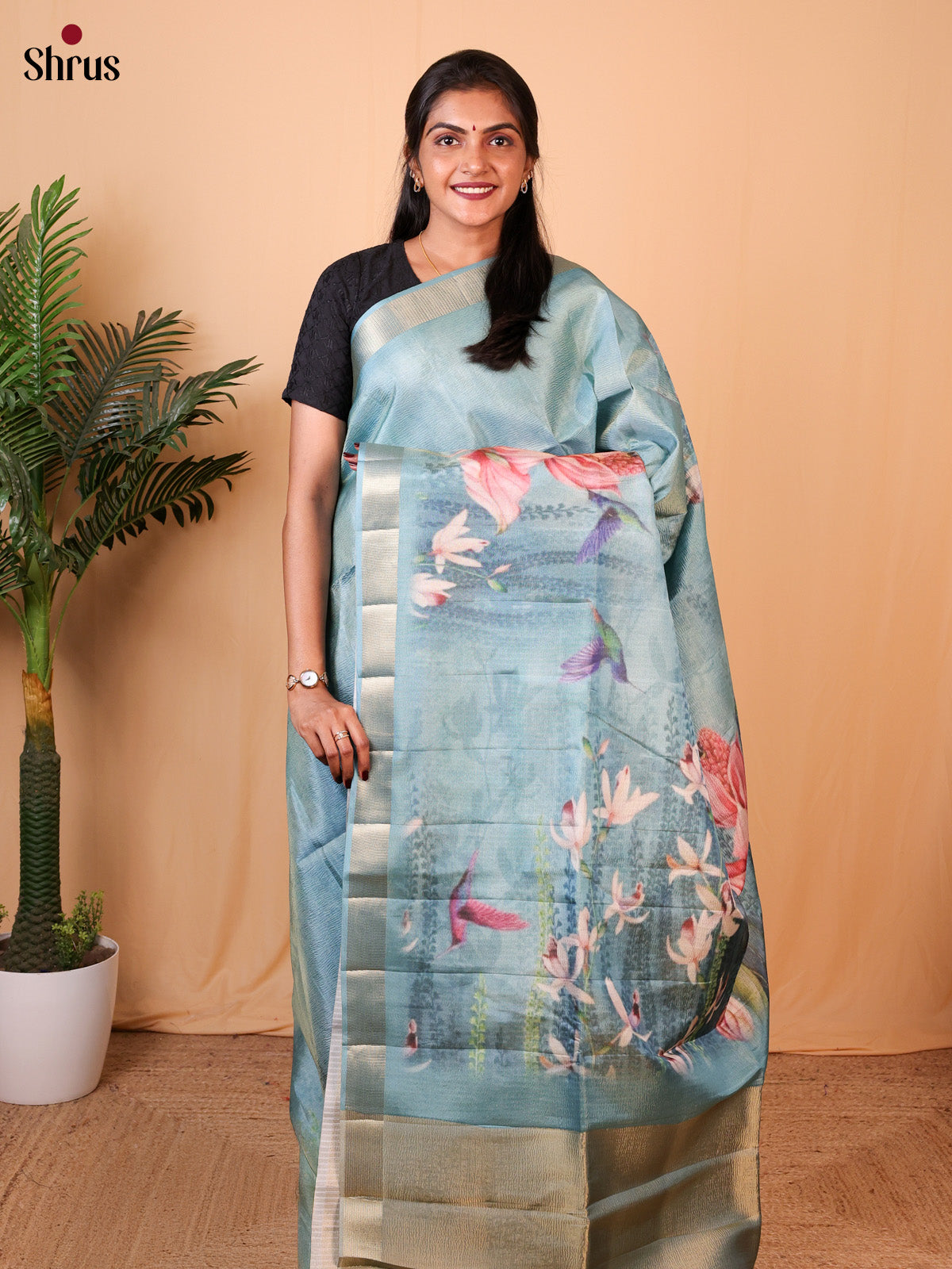 Blue- Bamboo silk Saree