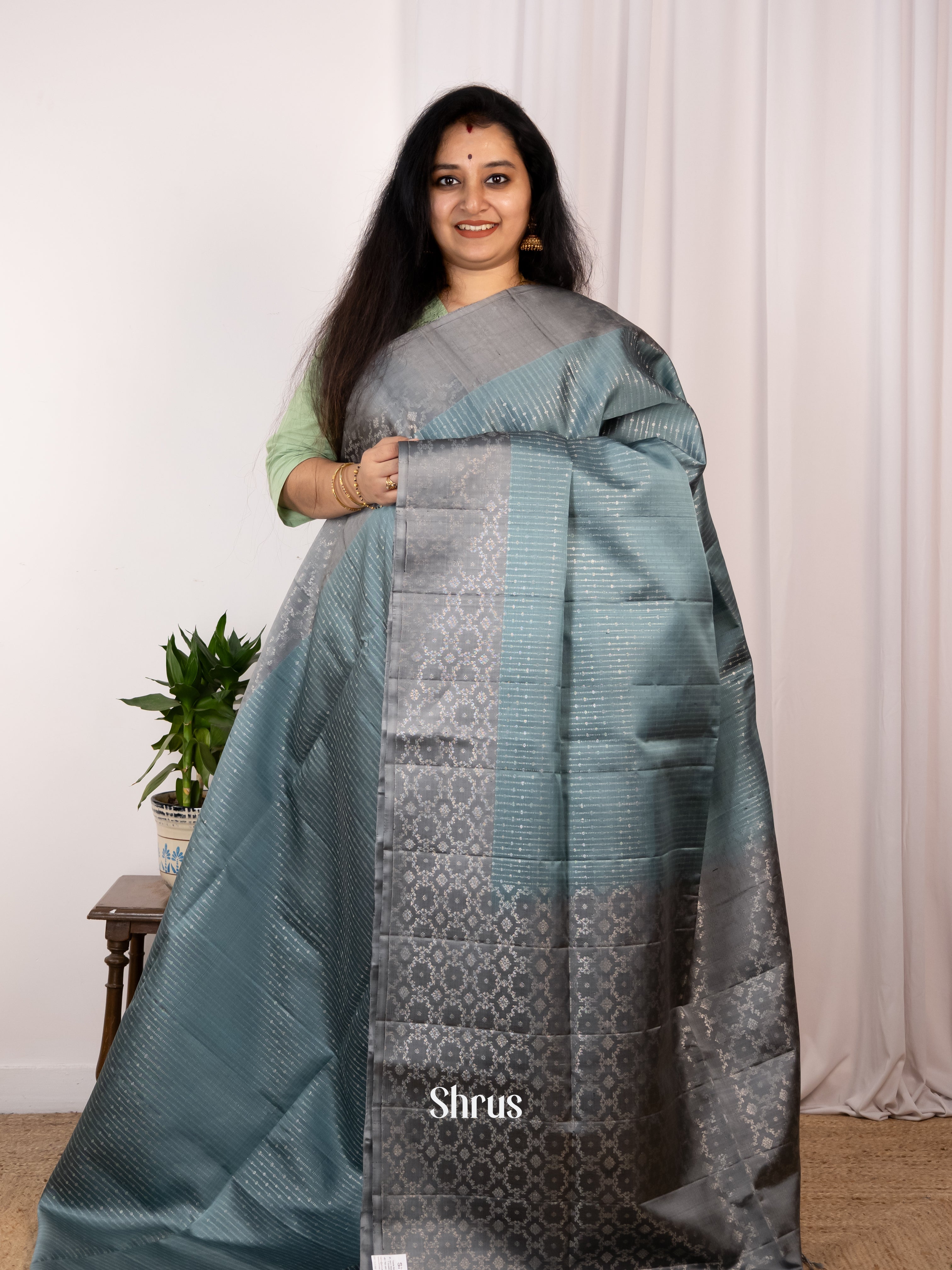 Blue & Grey - Soft Silk Saree