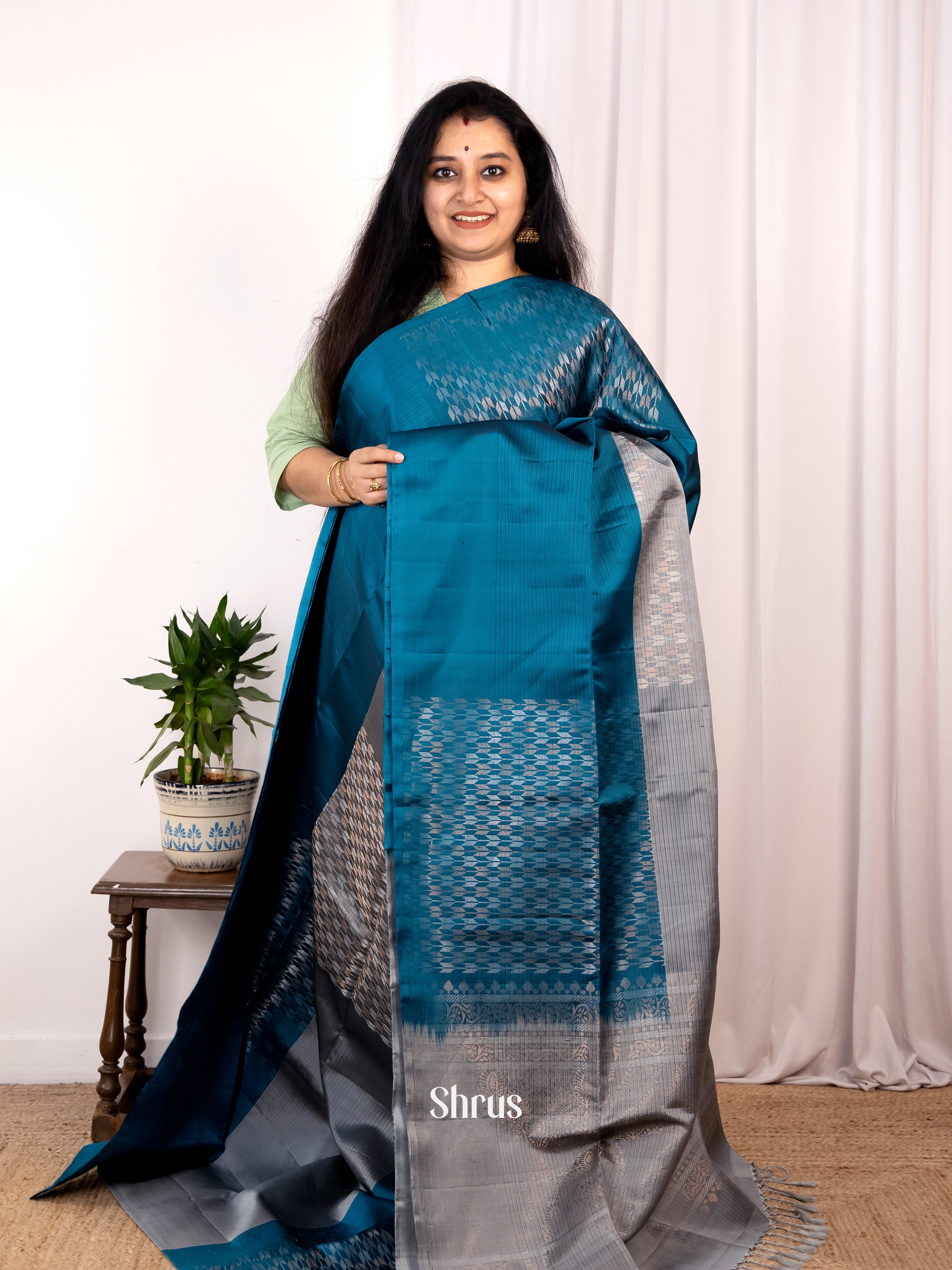 Blue & Grey - Soft Silk Saree