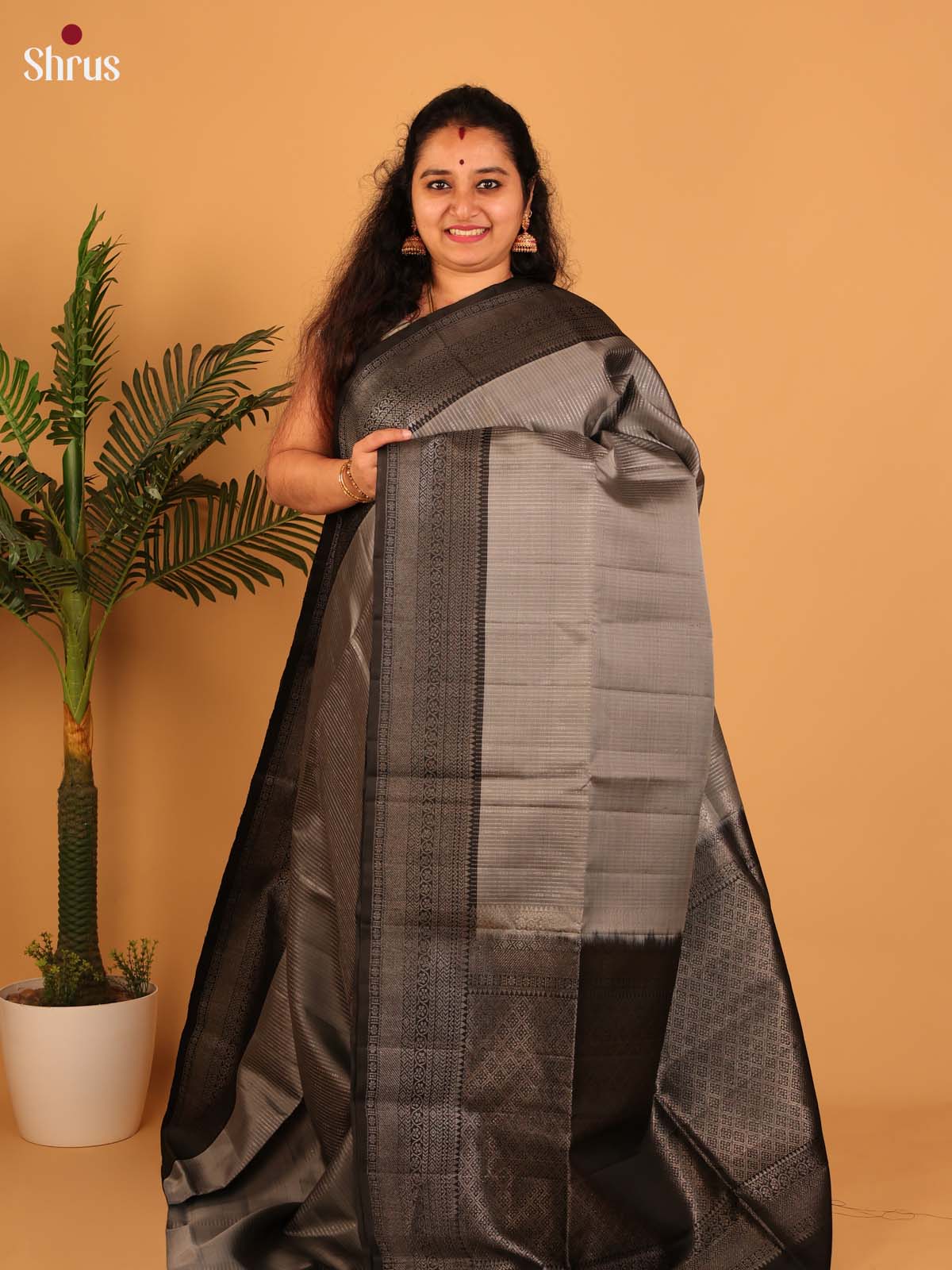 Grey & Black - Soft Silk Saree