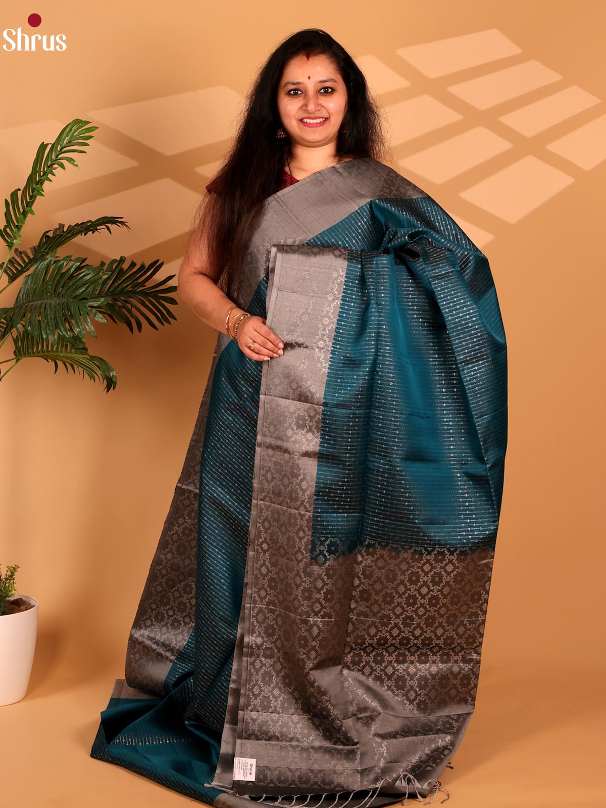 Peacock Blue & Grey - Soft Silk Saree