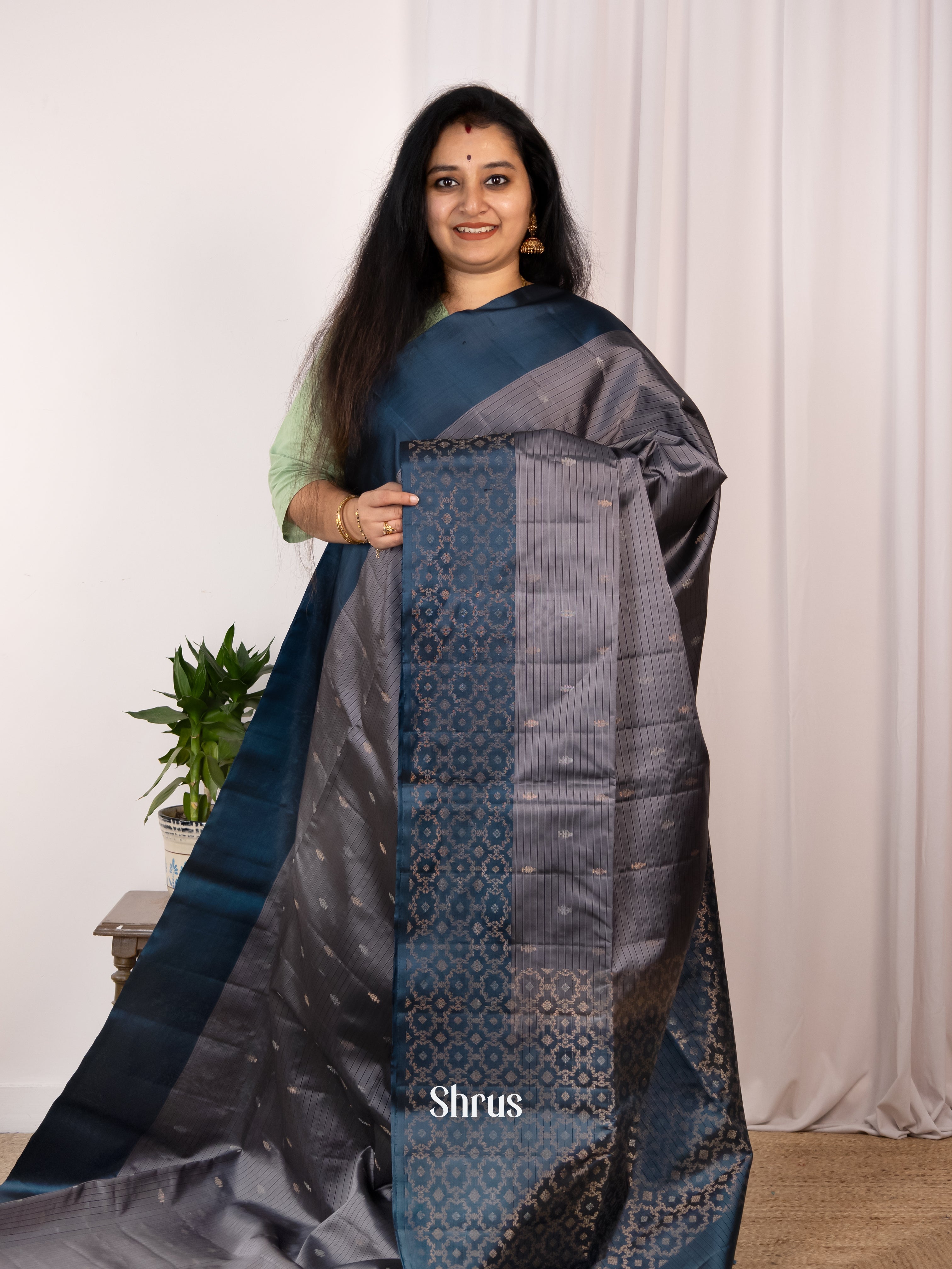 Grey & Blue - Soft Silk Saree