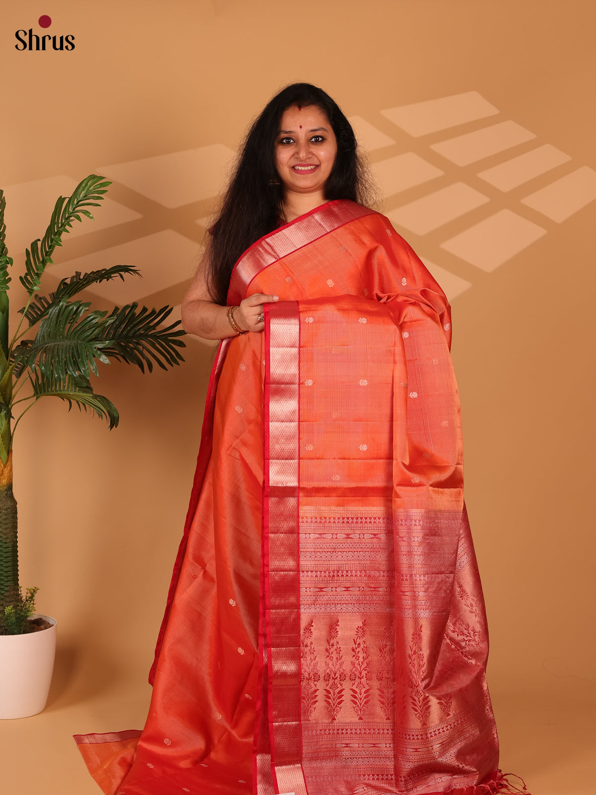 Orange & Red - Soft Silk Saree