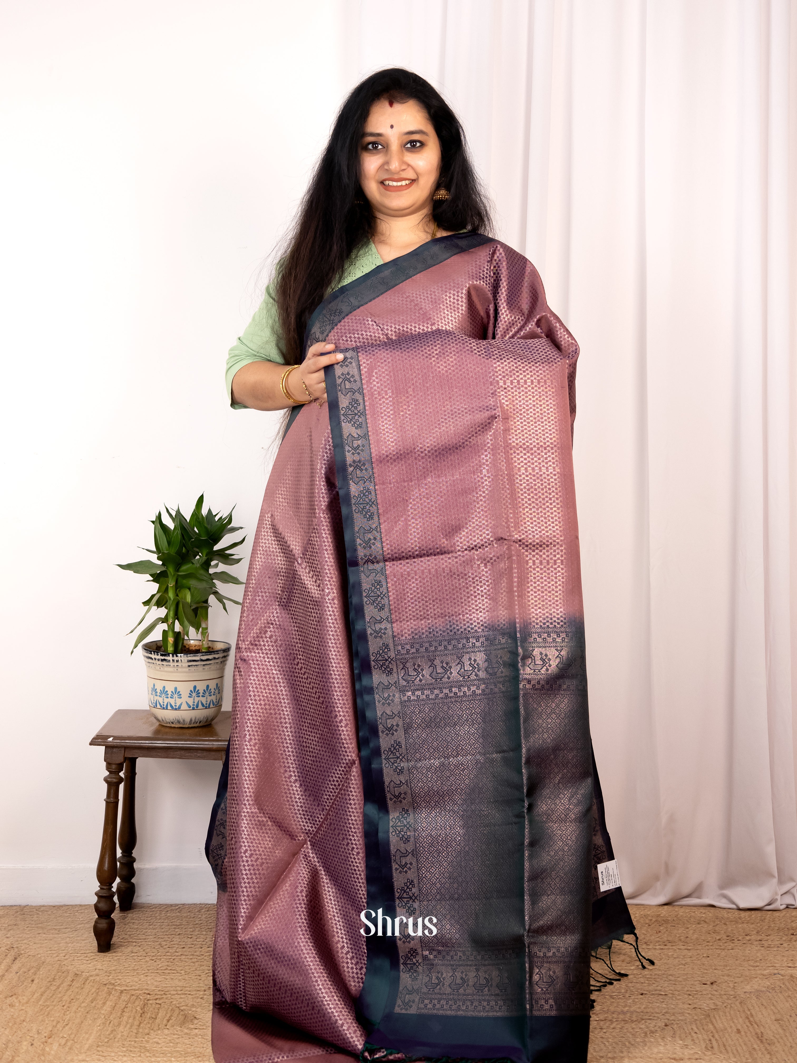 Dusty Brown & Peacock Green - Soft Silk Saree