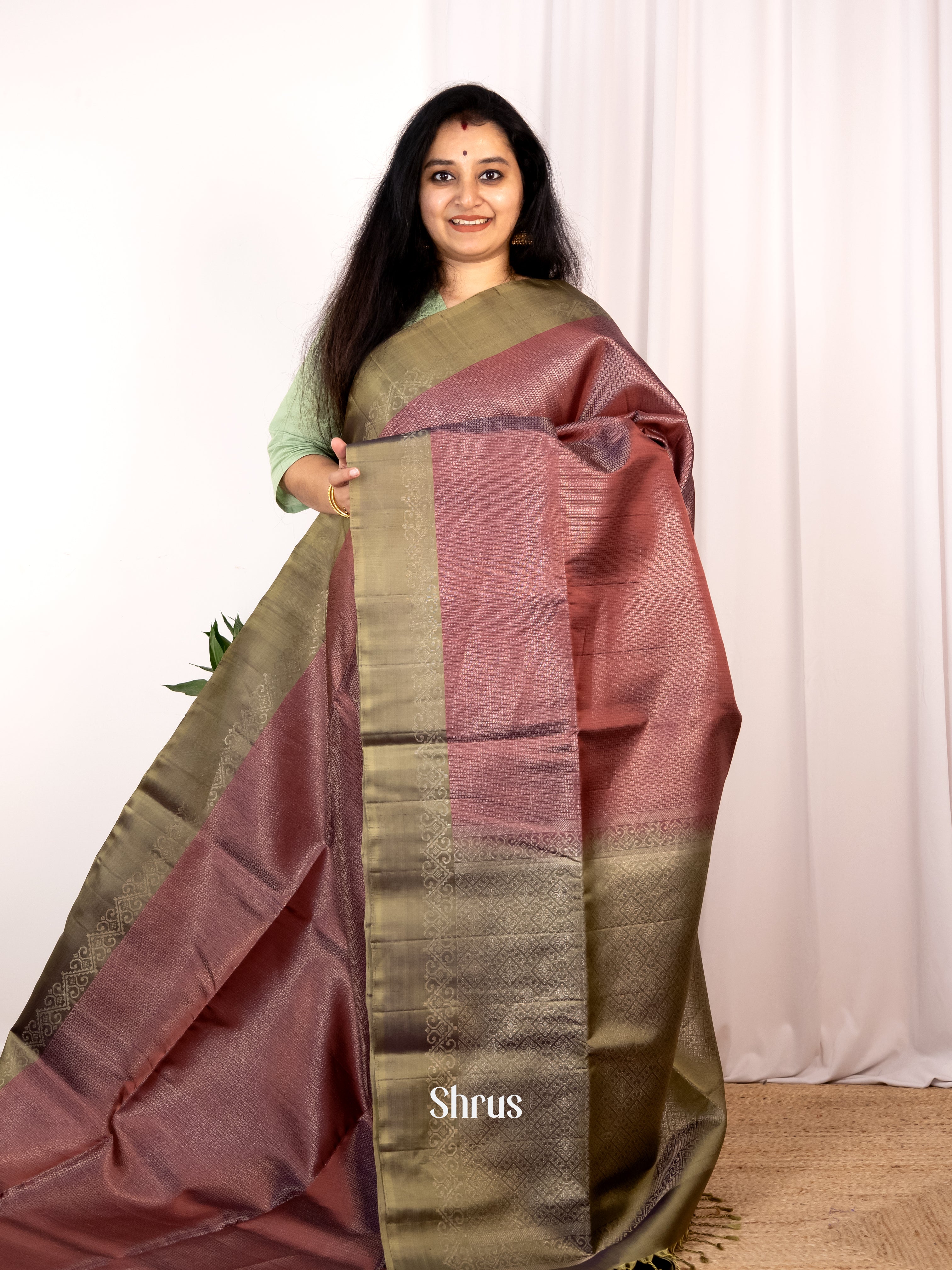 Brown & Green  - Soft Silk Saree