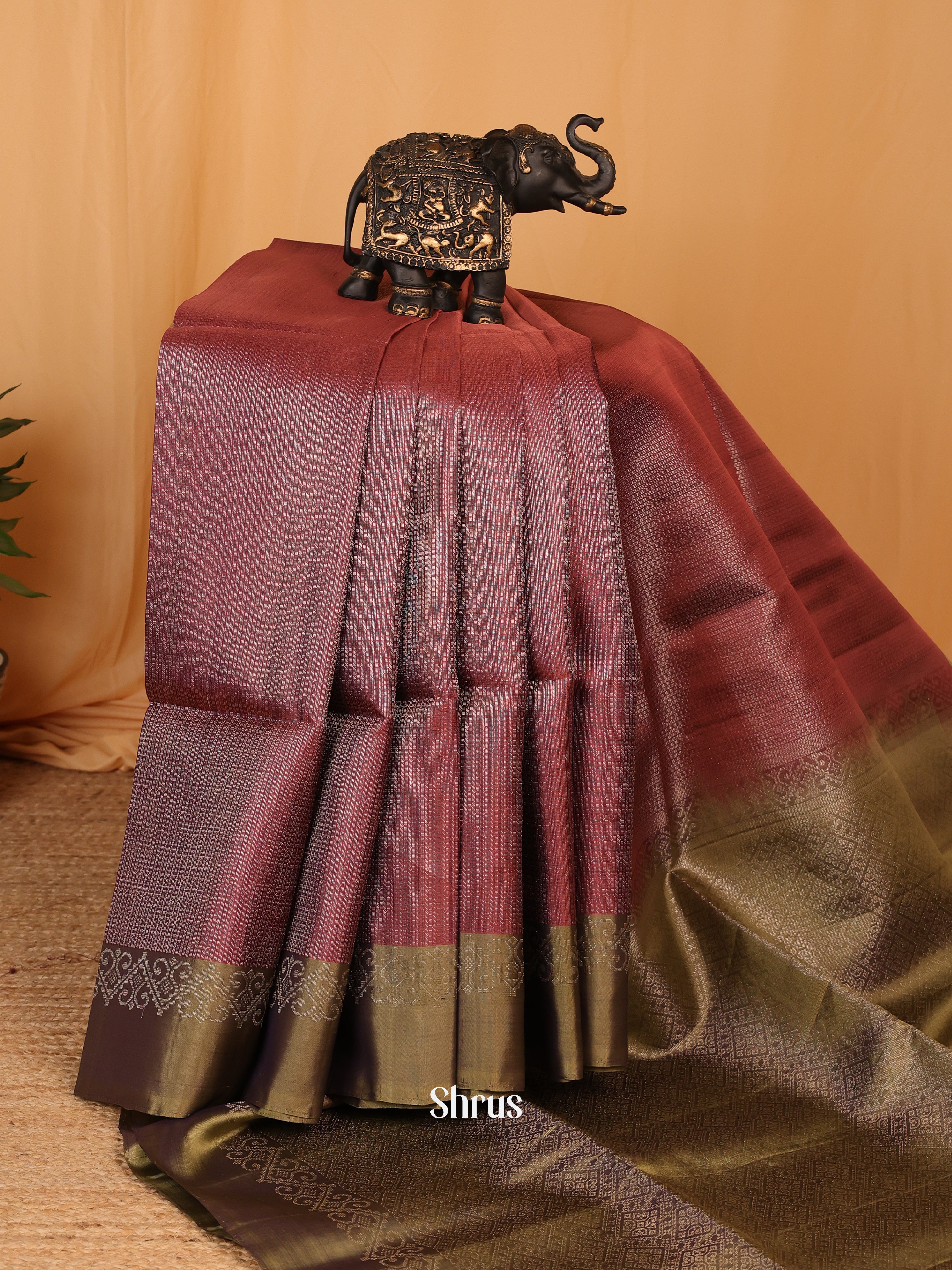 Brown & Green  - Soft Silk Saree