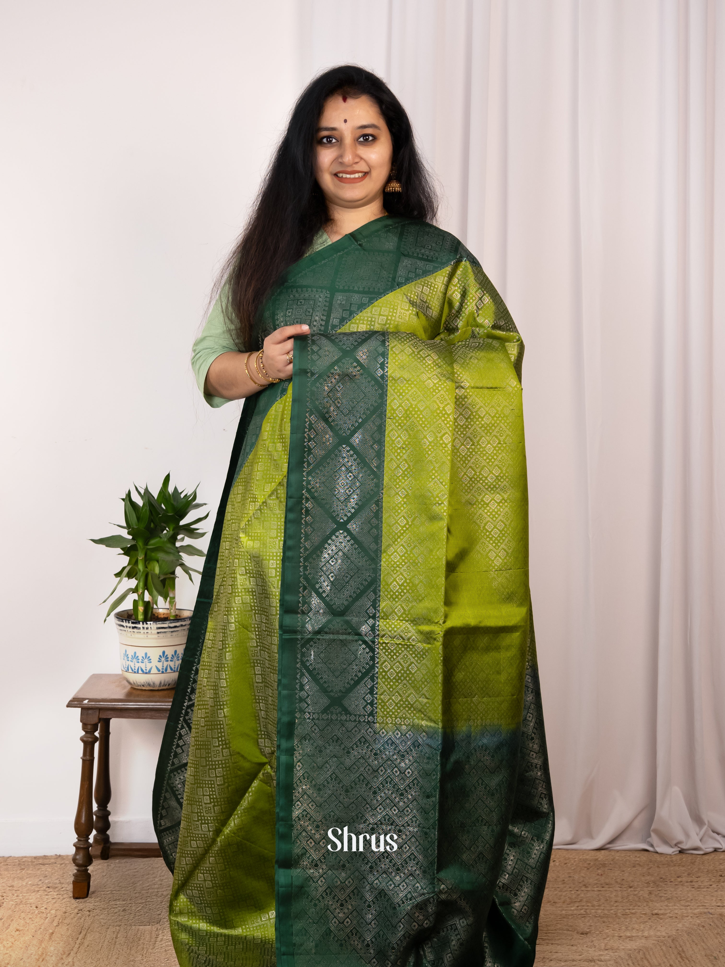 Lite Green & Green - Soft Silk Saree