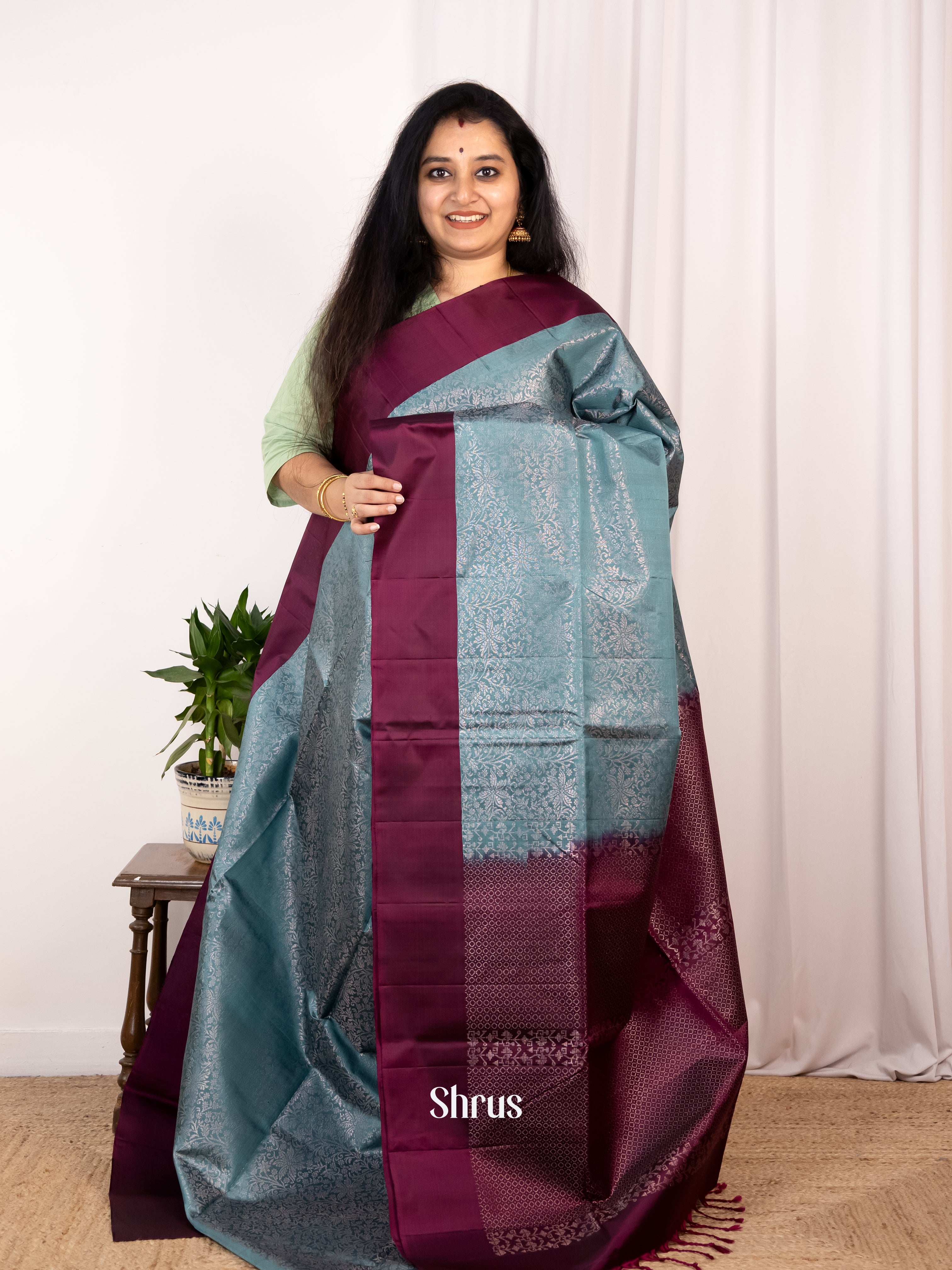 Blue & Wine - Soft Silk Saree