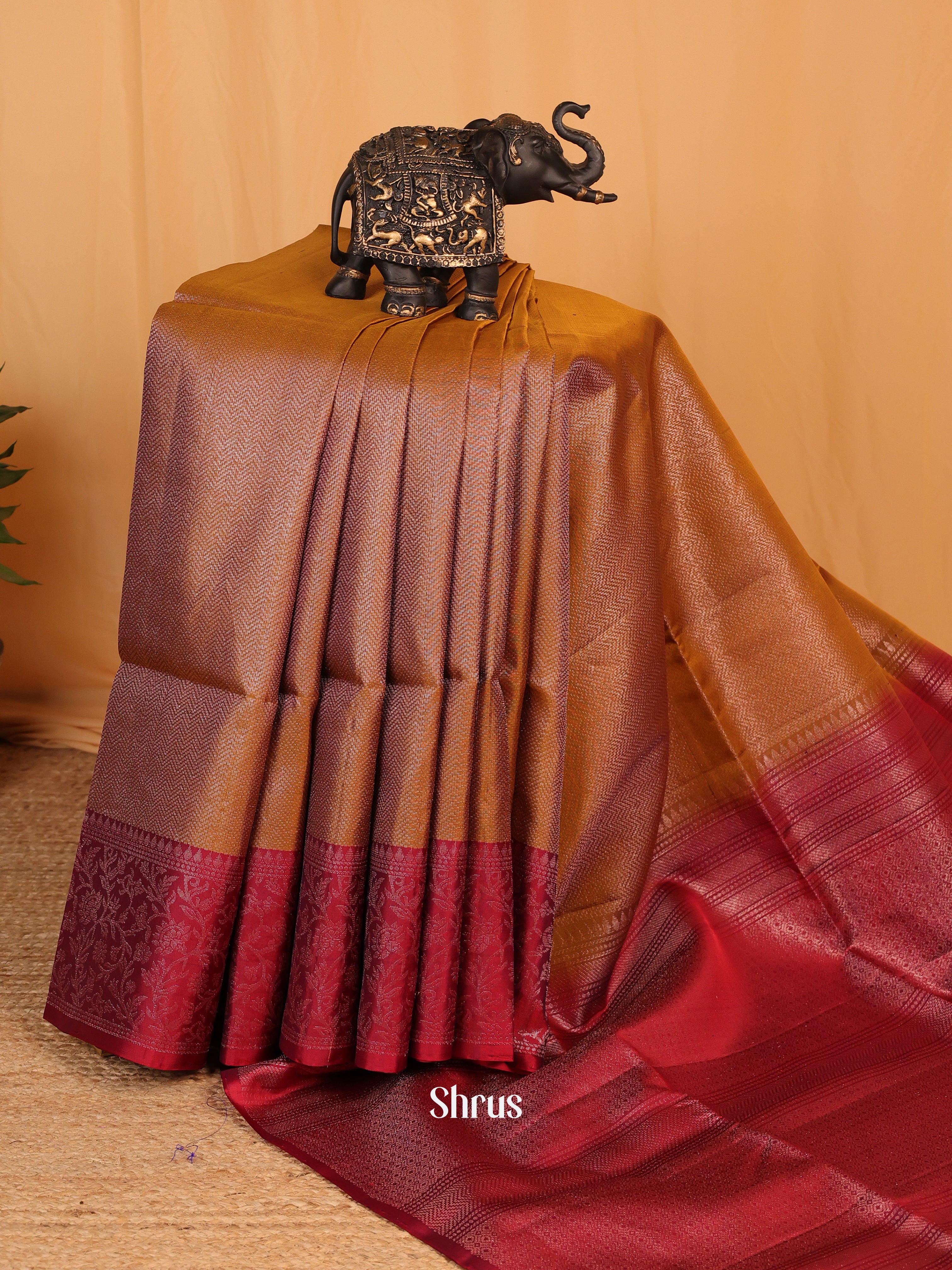 Dark Mustard & Maroon - Soft Silk Saree