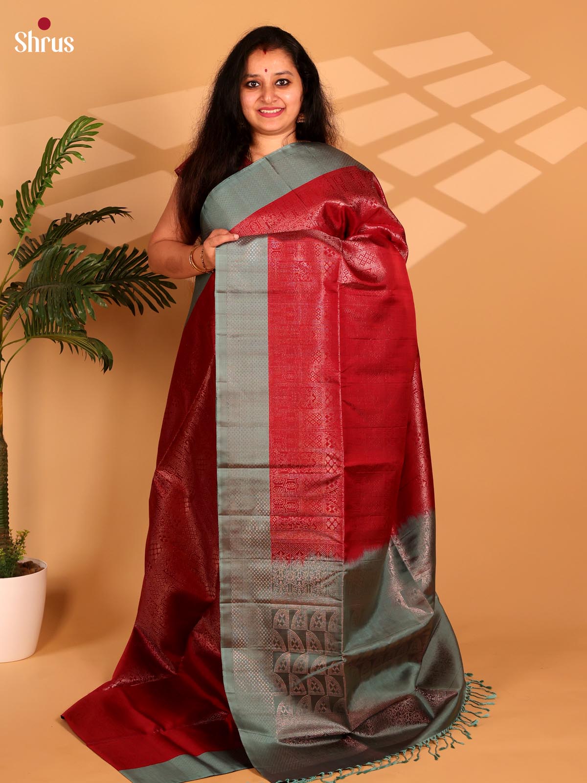 Red & Grey - Soft Silk Saree