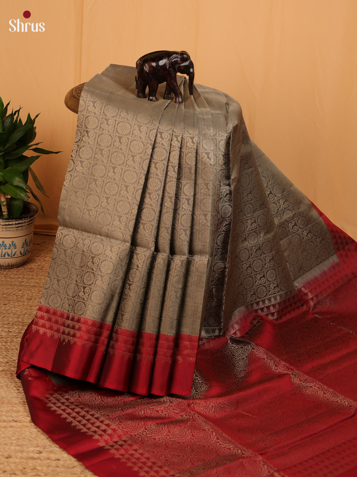 Grey & Maroon - Soft Silk Saree